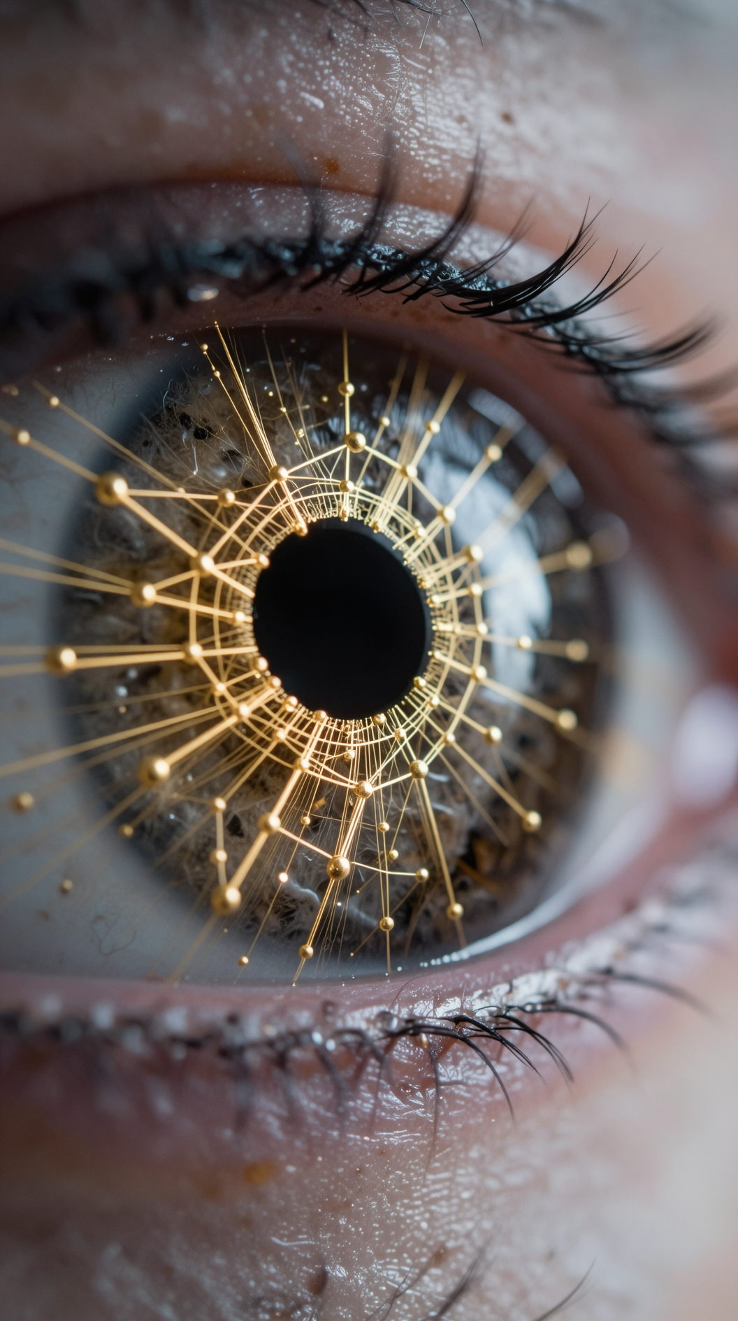 A macro close-up of a human eye where the iris transforms into a complex network of interconnected golden lines and nodes, resembling a conceptual map or neural network.