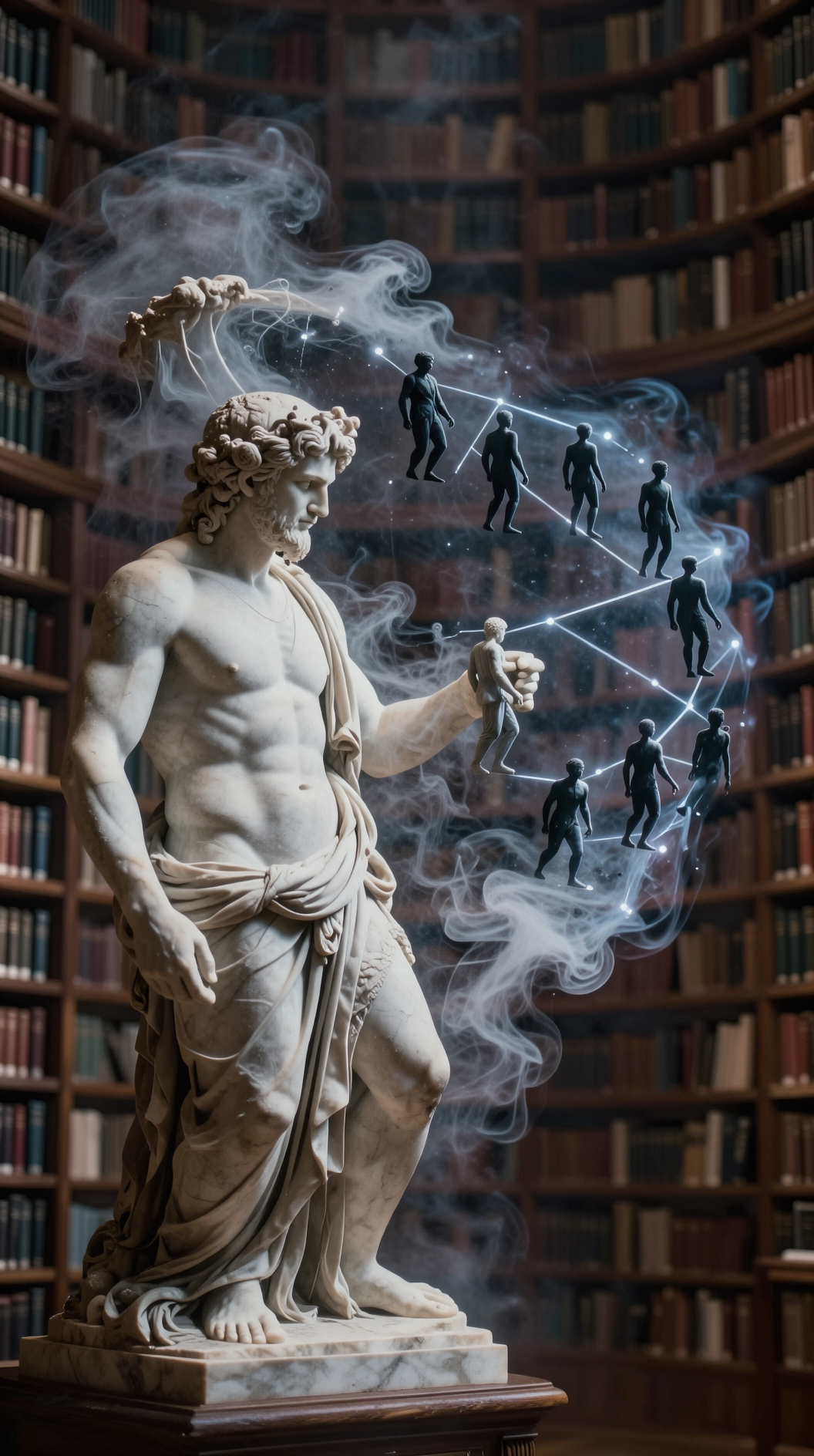 A surrealist scene of a marble statue of a Greek deity dissolving into swirling smoke and reforming into a constellation of human silhouettes, set against a backdrop of a vast, infinite library.