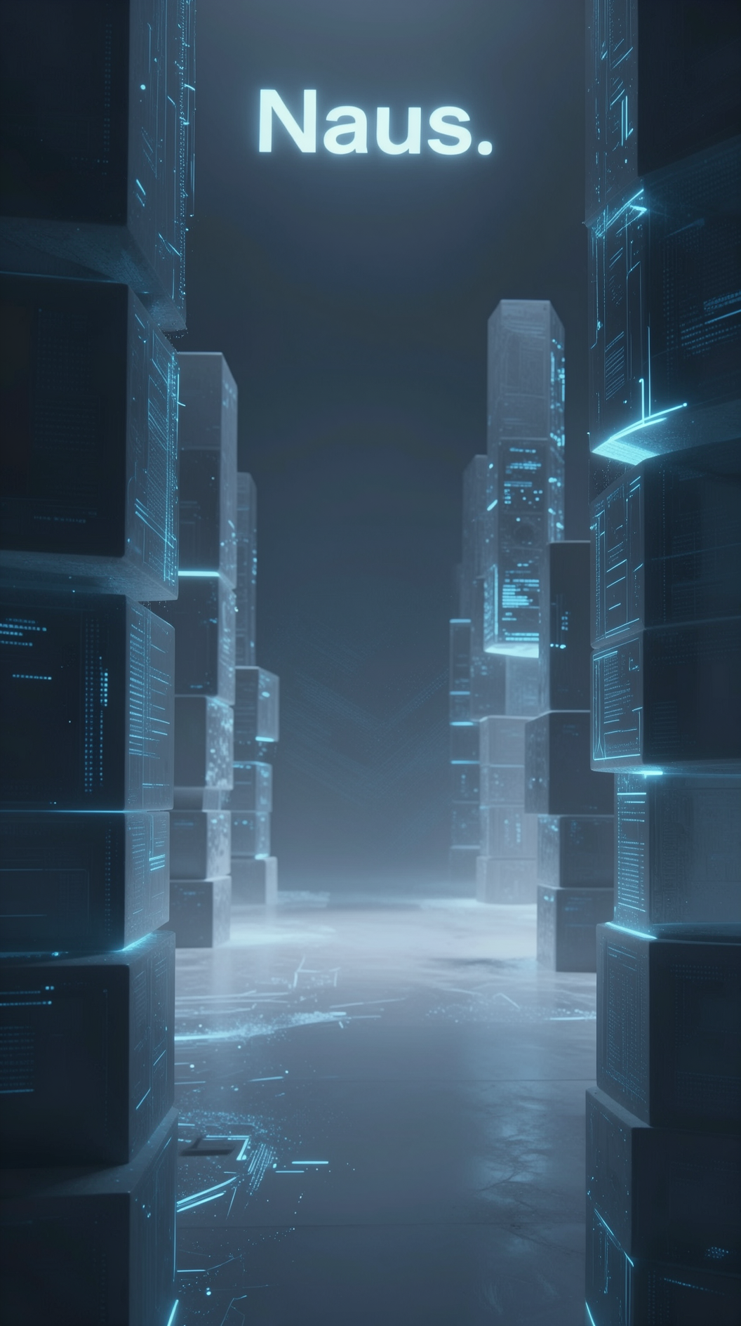 A vast, minimalist architectural space representing the ‘Naus’ realm, featuring infinite geometric monoliths floating in a void, glowing with faint blue data-streams but devoid of any living presence, cinematic lighting, hyper-realistic, 8k.