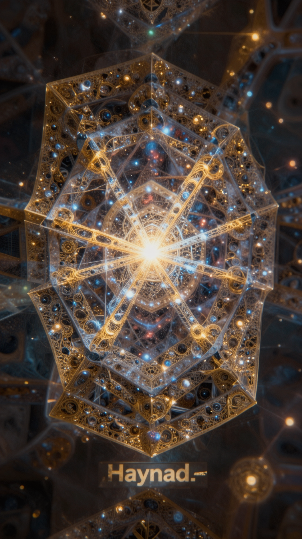 A complex fractal kaleidoscope depicting a ‘folded’ reality, where layers of cosmic geometry compress into a single point of light, symbolizing the Haynad level, ethereal atmosphere, golden ratio composition, dreamy and surreal.