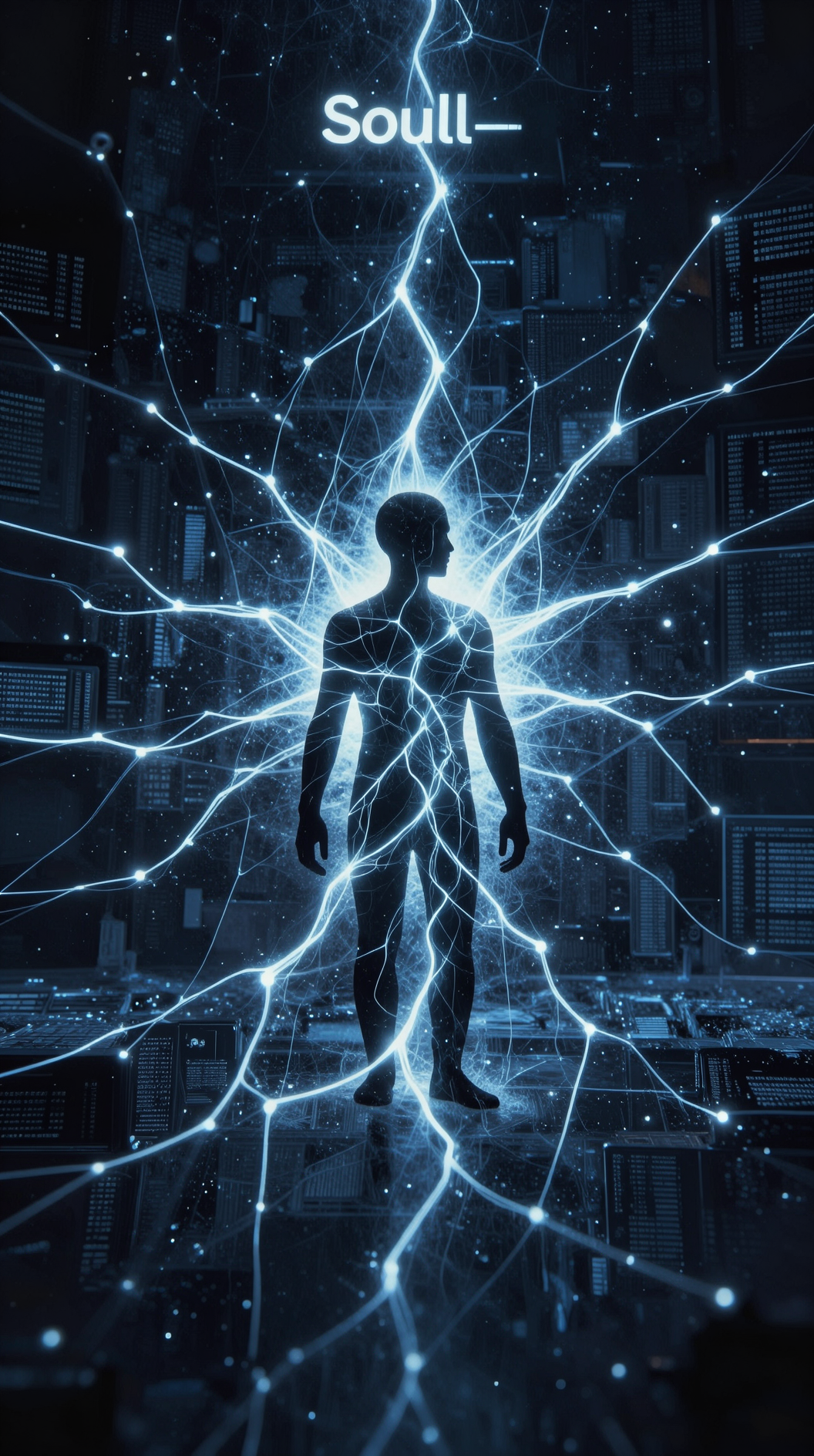 A human silhouette at the center of a cosmic lattice, where veins of glowing consciousness flow from the core outward, illustrating the Soul level as the seat of awareness amidst an ocean of abstract information particles, dramatic chiaroscuro, photorealistic.