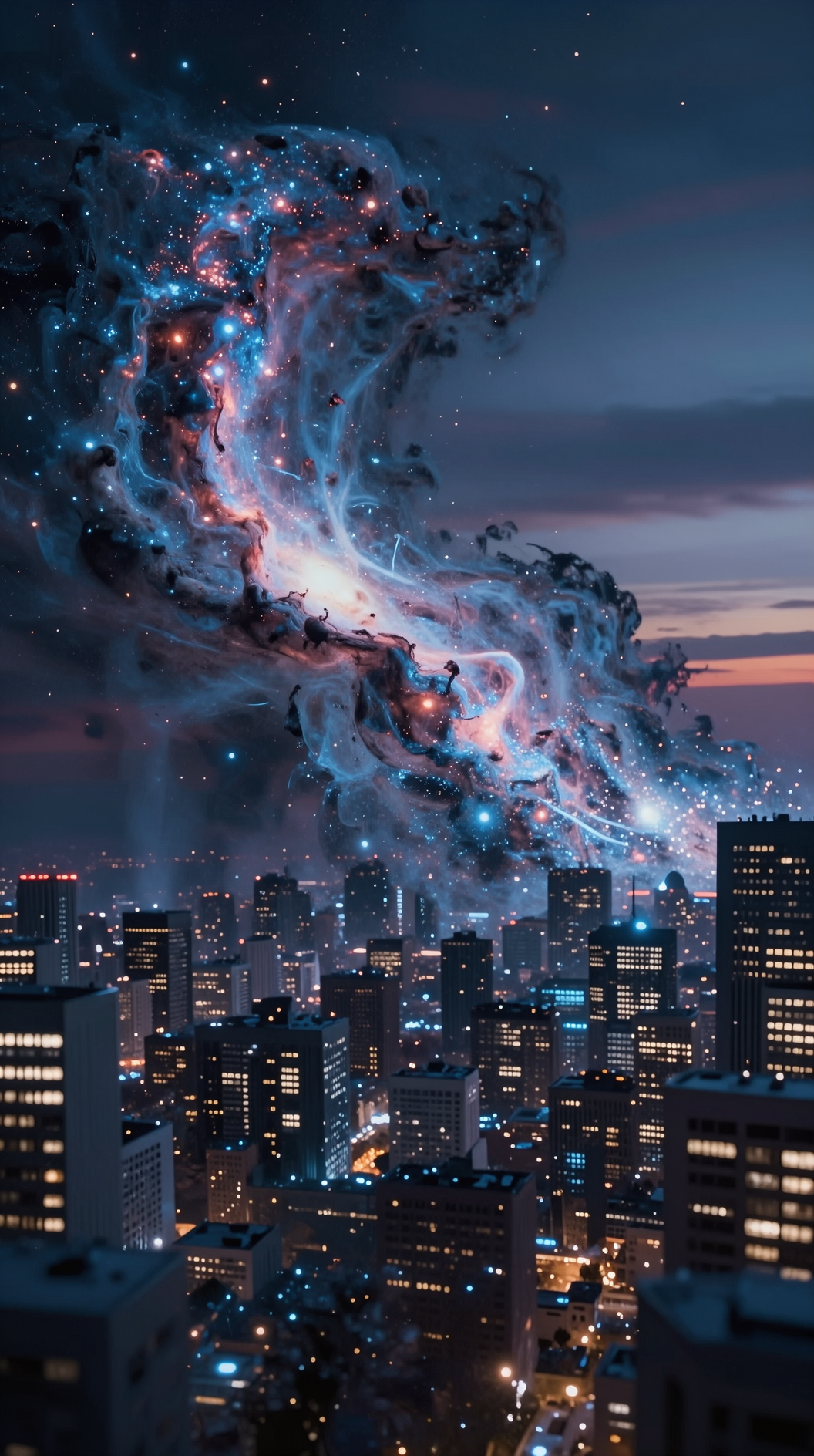 A hyper-realistic, cinematic wide shot of a vast cosmic nebula that seamlessly transitions into a sprawling modern city at dusk, where individual city lights represent scattered data points, symbolizing the universe as a non-consolidated field of information.