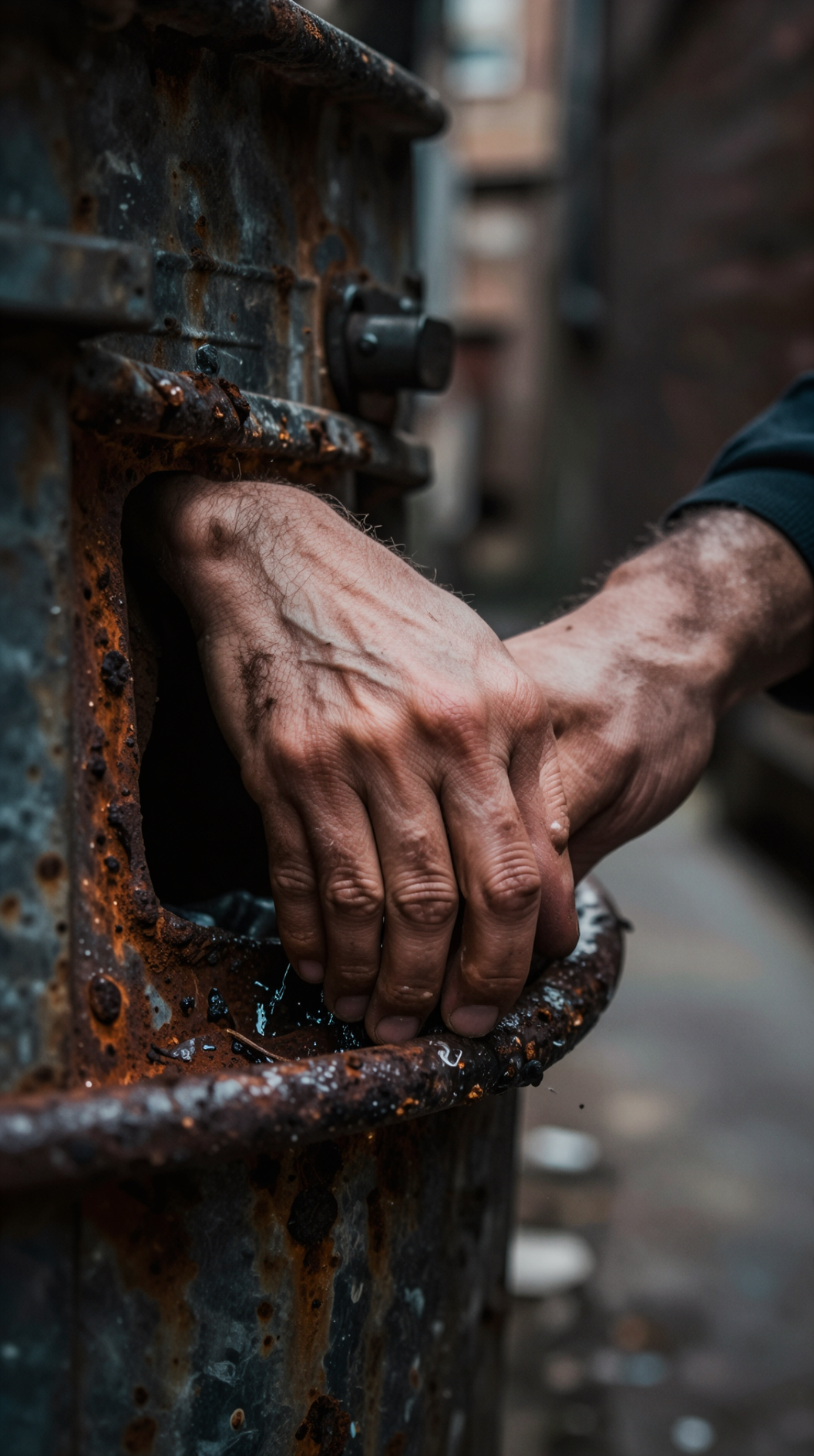 A macro close-up of a single human hand reaching into a rusted metal garbage can in a narrow alleyway, with dramatic chiaroscuro lighting, emphasizing the physical act of observation as the sole mechanism that “creates” knowledge.