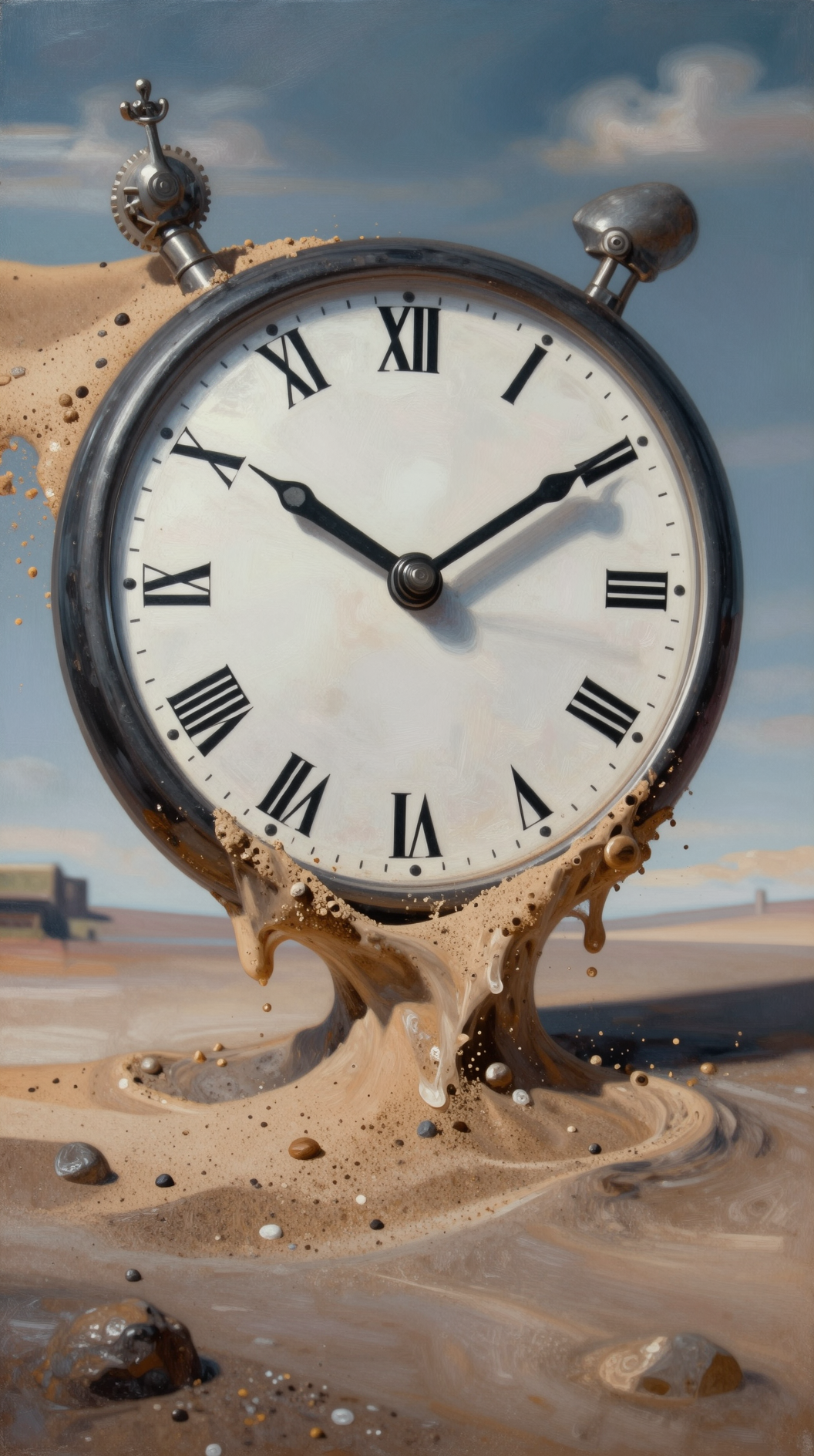 An abstract, surrealist painting in the style of Salvador Dalí showing a giant clock face dissolving into sand, with no gears or hands, representing a state of being without choice, will, or linear decision-making.