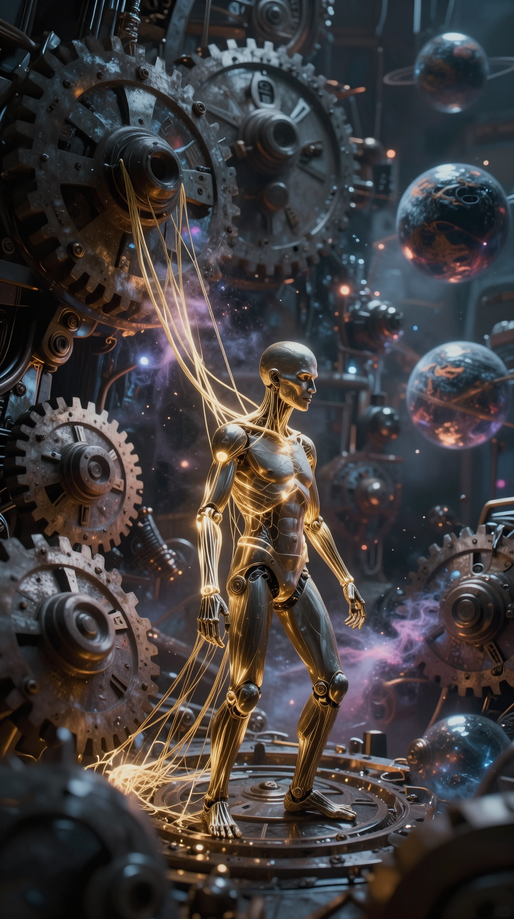 A cinematic wide shot of a human figure standing in a vast, celestial clockwork mechanism. Ethereal, glowing golden strings are attached to the figure’s joints, disappearing into a nebula of massive, rotating gears and spinning planets. Hyper-realistic, 8k, moody atmospheric lighting, steampunk-cosmic aesthetic.
