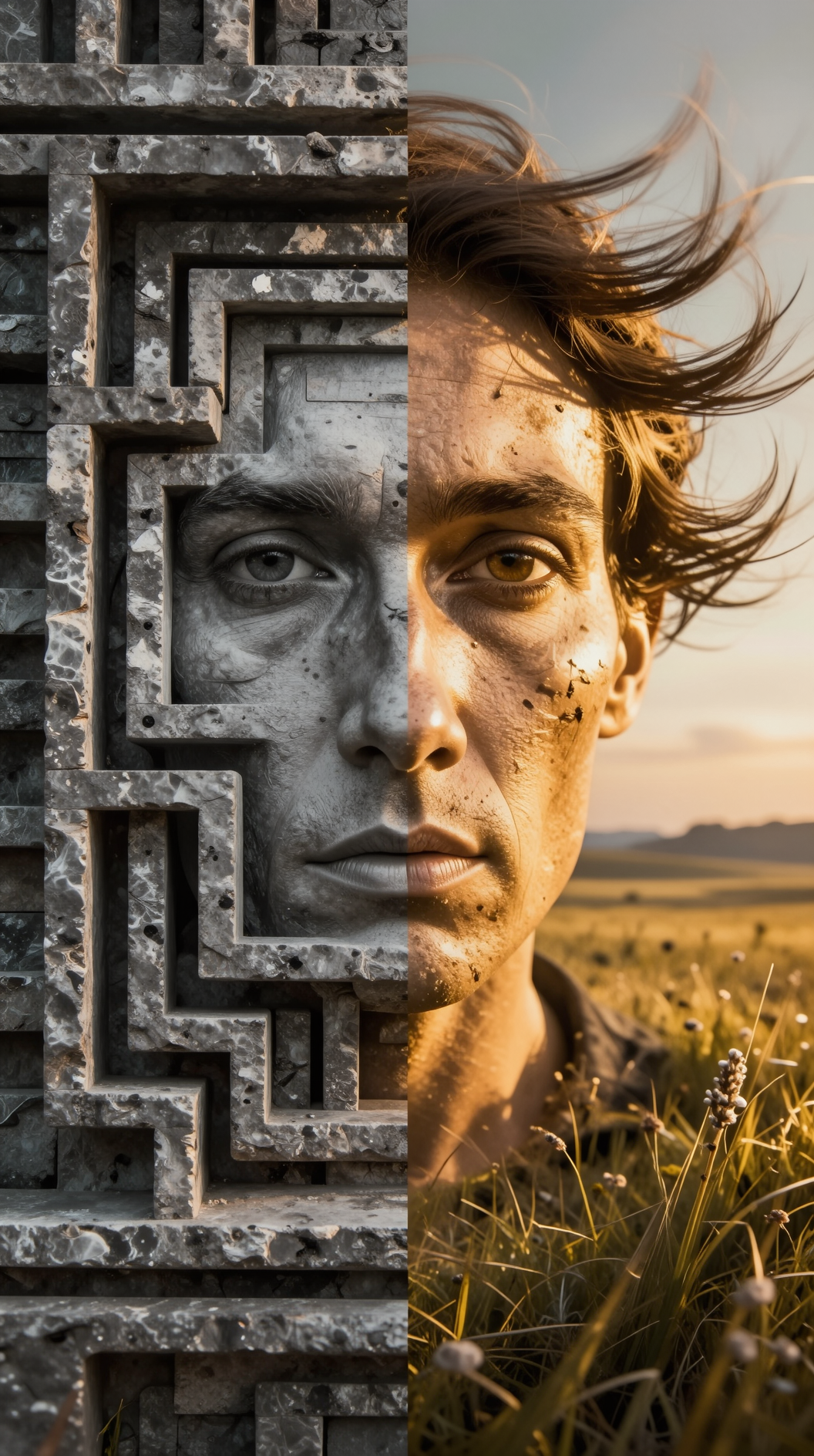 A split-composition portrait of a person’s face. The left side is cast in cold, grey tones, showing the face trapped inside a complex stone labyrinth (representing inner fate). The right side is bathed in warm, golden sunlight, showing the same face in a vast, open meadow where the wind flows freely (representing outer fate). Surrealist style, high contrast, vivid textures.