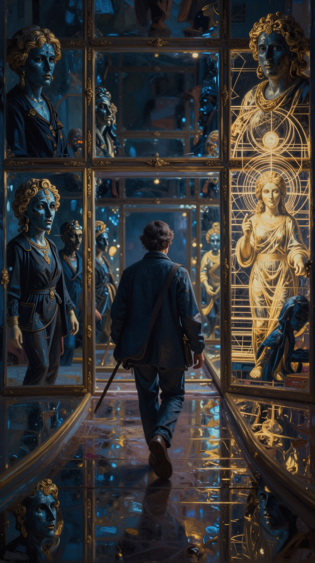A mystical, dreamlike scene of a traveler walking through a corridor of mirrors. In each mirror, a different version of their destiny is reflected: some show archetypal shadows and masks (Jungian), others show radiant, geometric light and divine proportions (Neoplatonic). Dark academia aesthetic, oil painting texture, deep blues and golds.