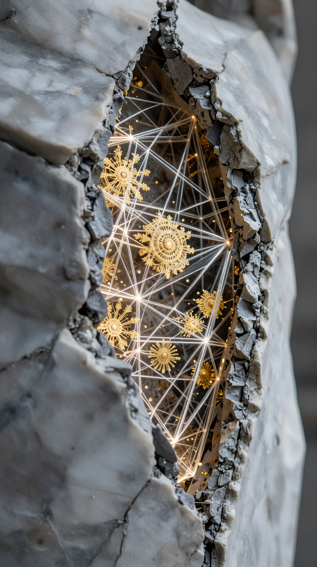 A macro cinematic shot of a marble statue cracking apart, revealing that the interior is not stone but a complex lattice of geometric light and golden fractals, symbolizing the division of forms into physical matter, hyper-realistic, 8k.