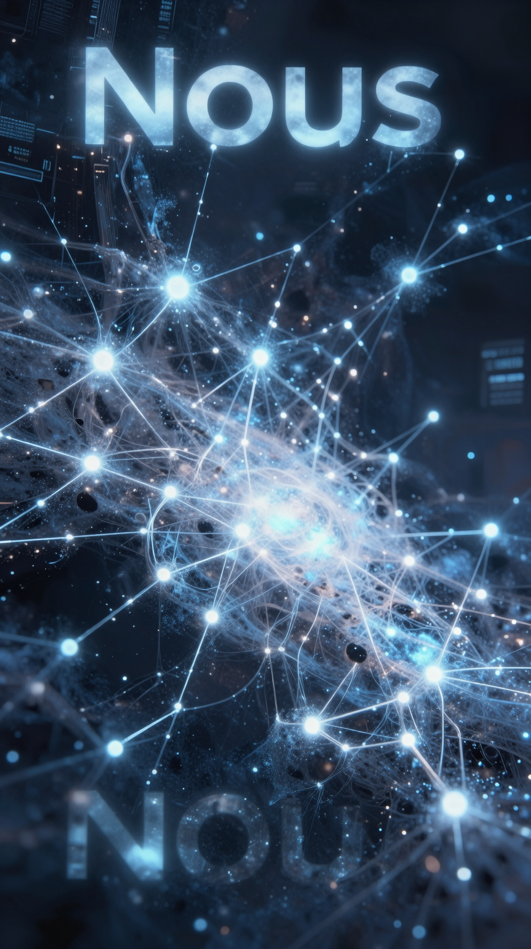 An abstract representation of the Nous as a vast, boundless digital nebula, where constellations of glowing data points pulse like neurons but without organic shapes, ethereal blue and silver color palette, cosmic scale.