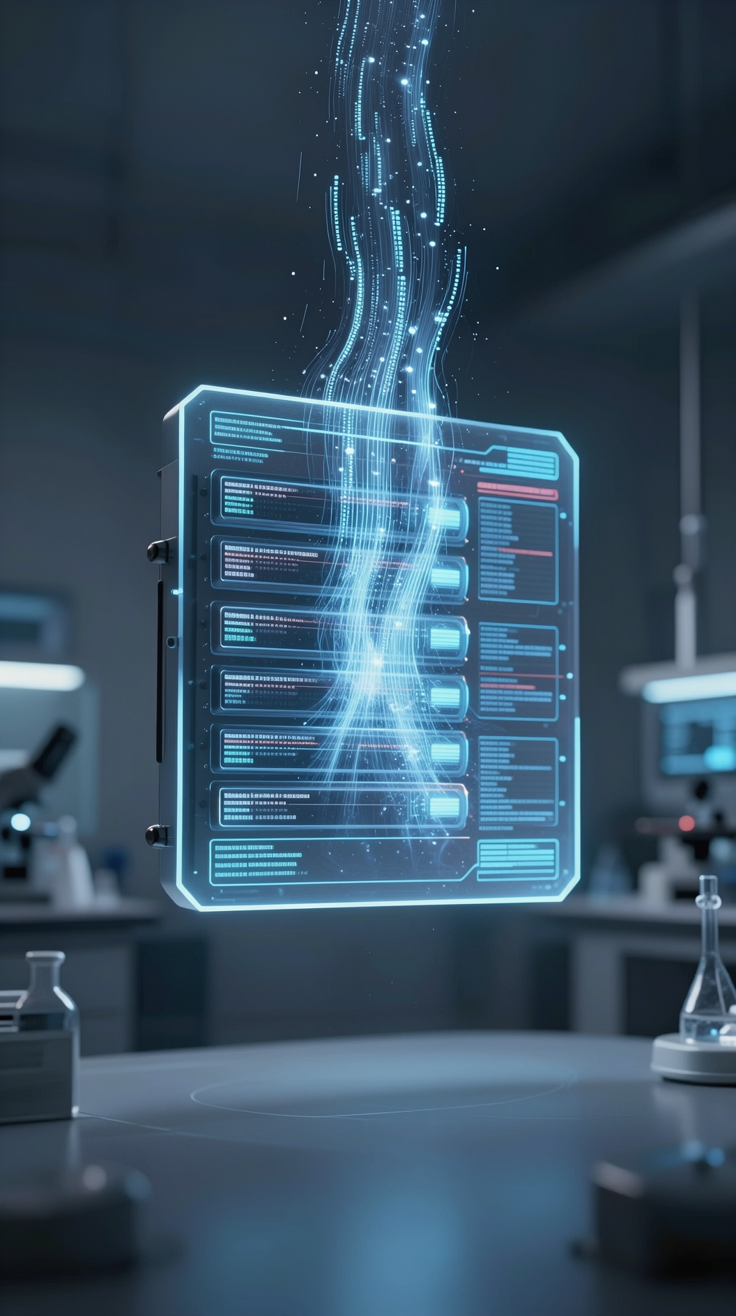 A minimalist laboratory setting where a holographic data bank floats in a vacuum, showing streams of pure information flowing upward, de-anthropomorphized and clinical, sharp focus, cinematic lighting.