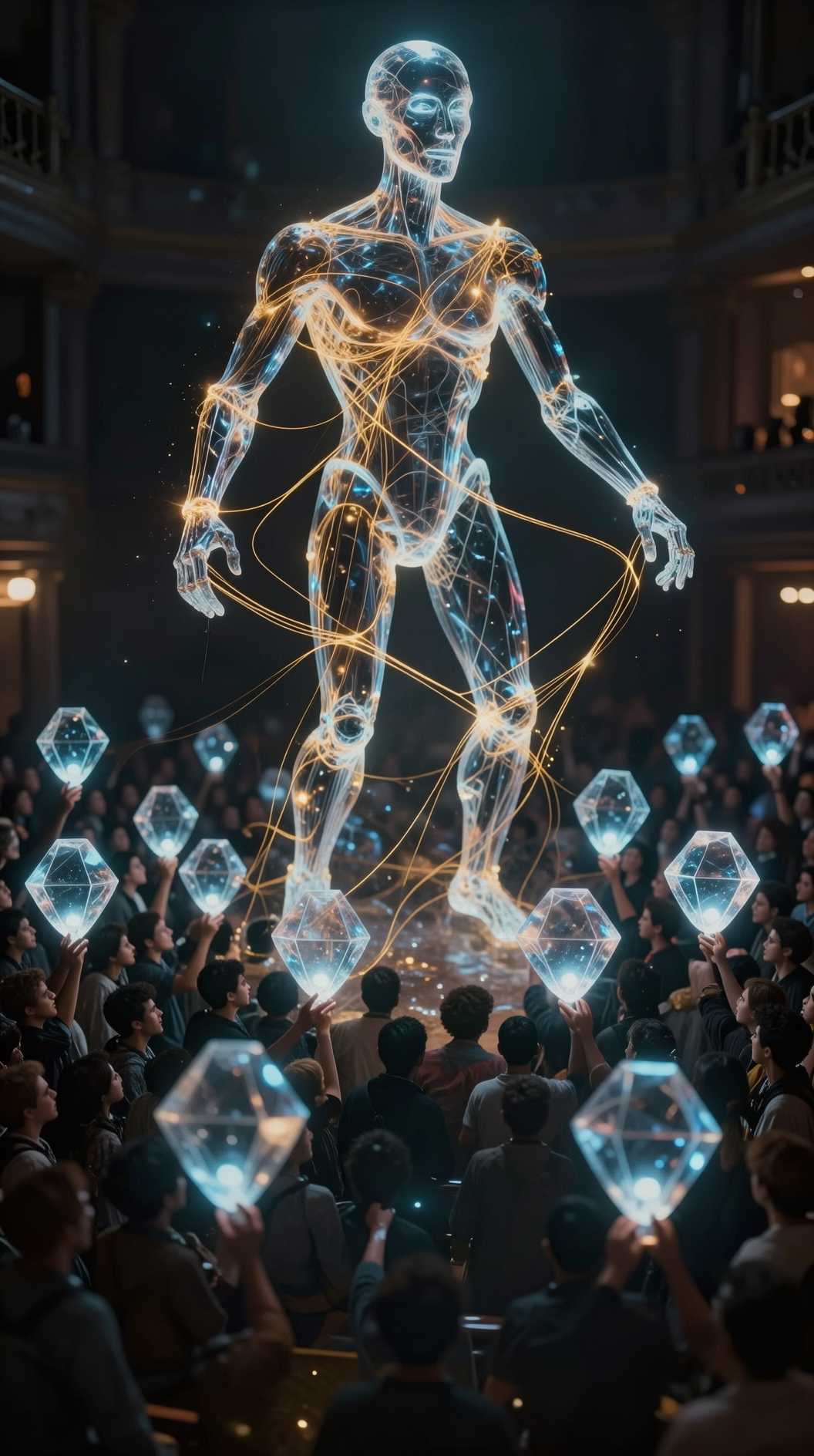 A hyper-realistic, cinematic wide shot of a vast crowd of people in a dimly lit hall, each person holding a glowing, translucent geometric shape that pulses with light; the shapes are connected by thin, golden threads of energy weaving through the air to form a giant, ethereal humanoid figure looming above them.