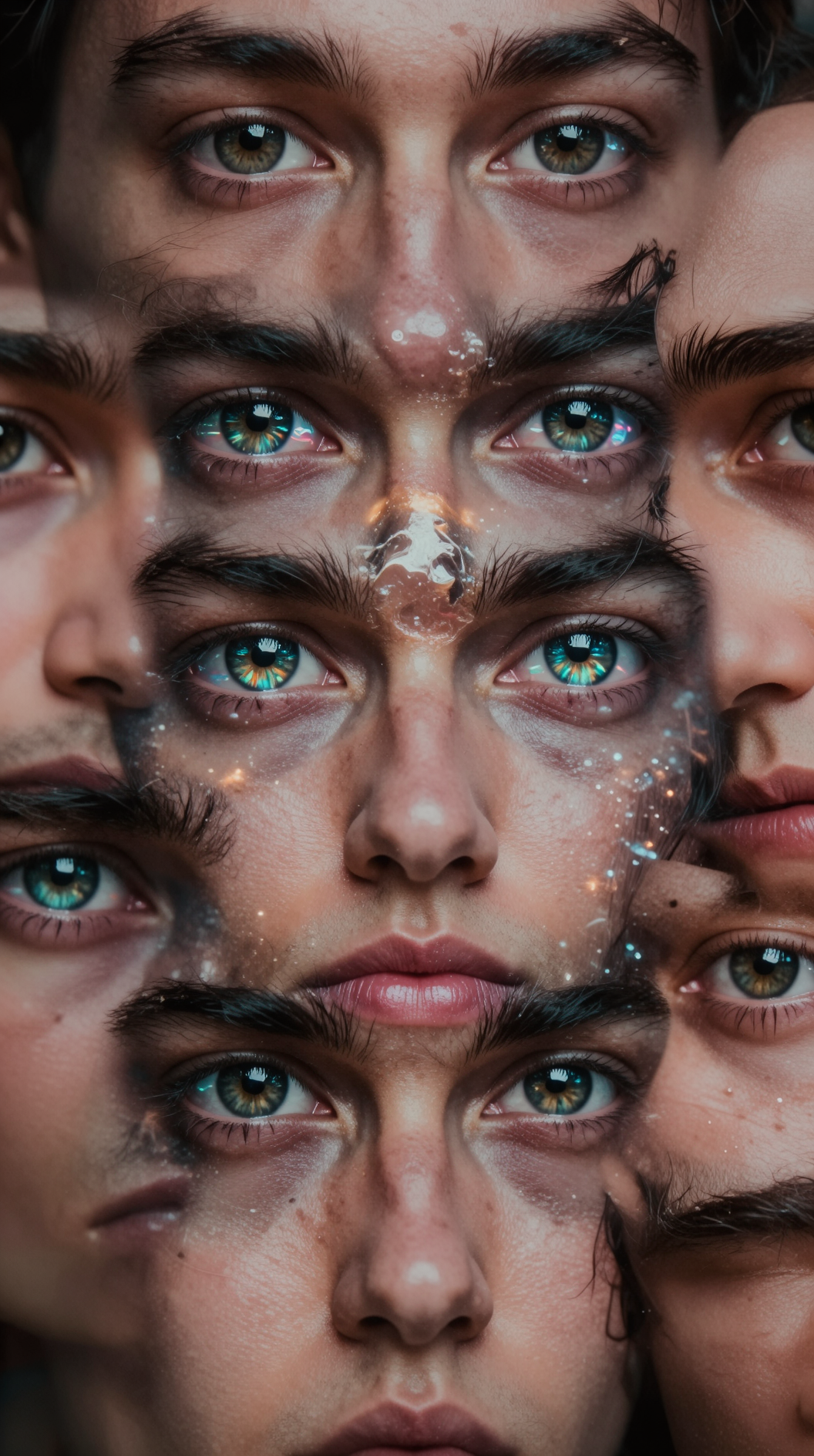 A surrealist, macro close-up of multiple human faces merging into a single kaleidoscope of features, their eyes reflecting a shared holographic landscape; the skin texture is hyper-detailed, showing the transition between individual identities and a unified collective consciousness.