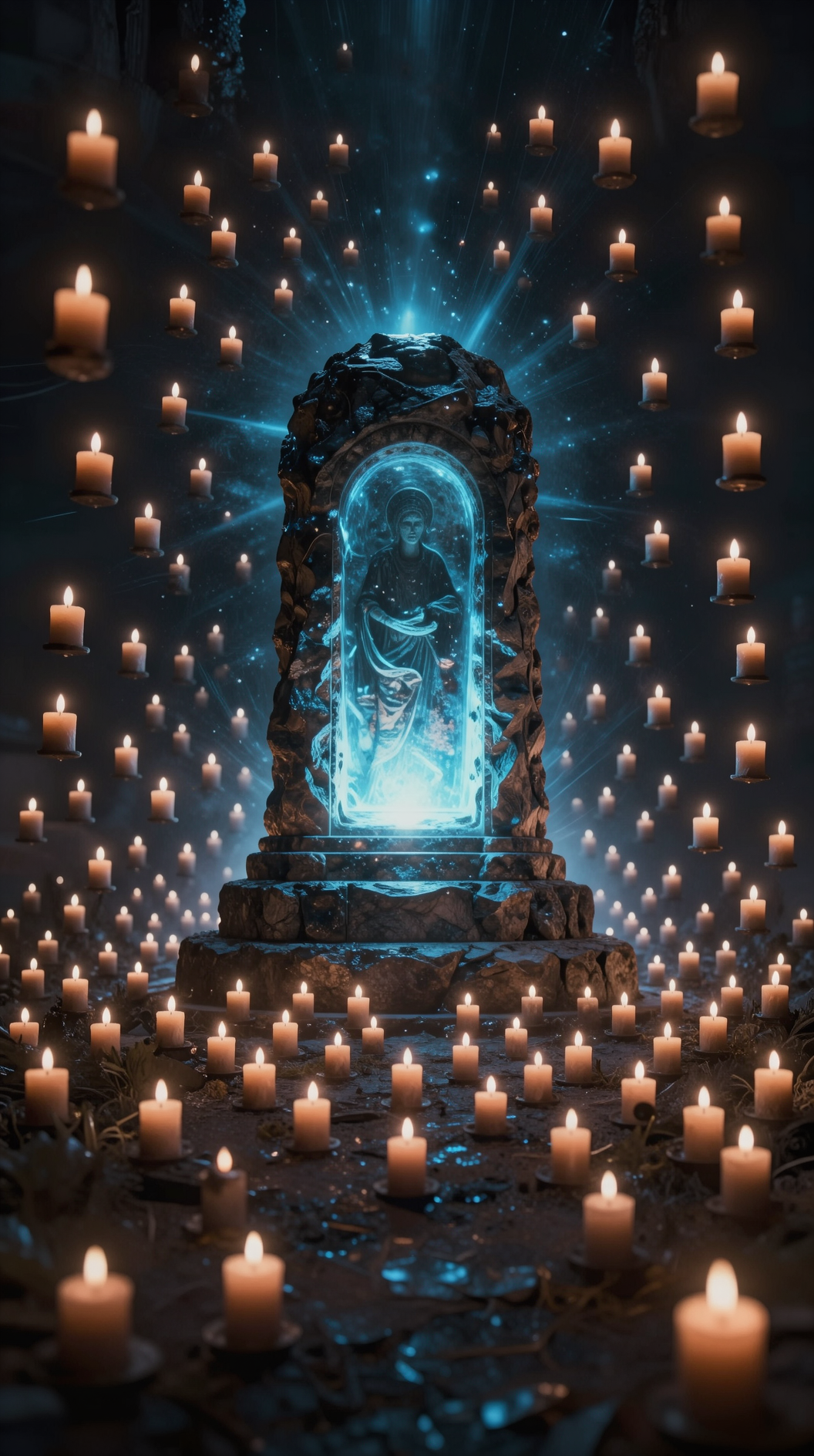 An abstract, atmospheric scene of a dark astral plane where thousands of floating candles represent individual thoughts, all converging on a single, massive stone monument that radiates a faint blue glow, symbolizing a collective Egregor formed from shared belief and ritual.