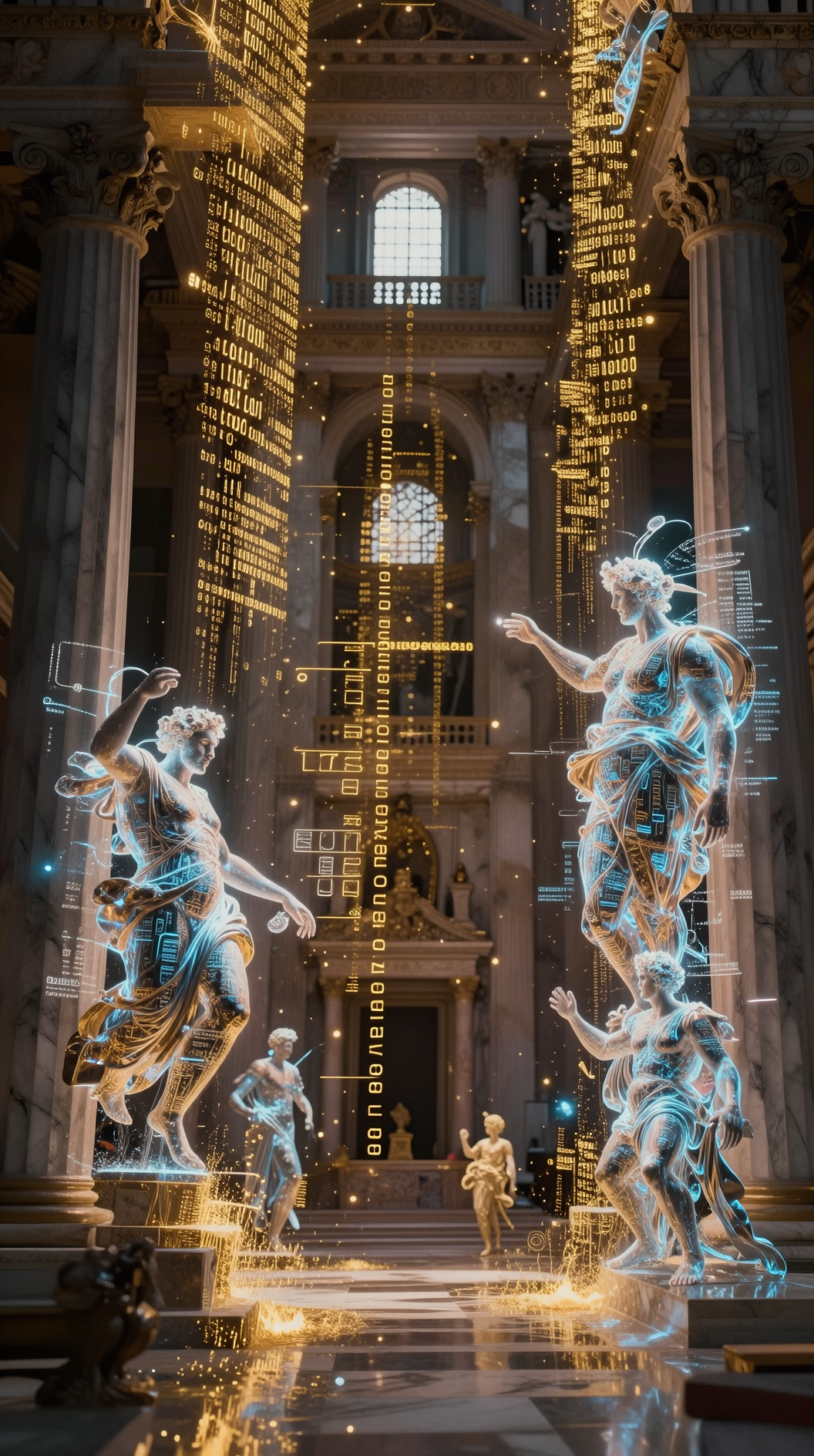 A cinematic wide shot of a vast, holographic cathedral where Greek marble columns dissolve into cascading streams of golden binary code and mathematical equations, with ethereal figures resembling Olympian gods made of shifting light and numerals.