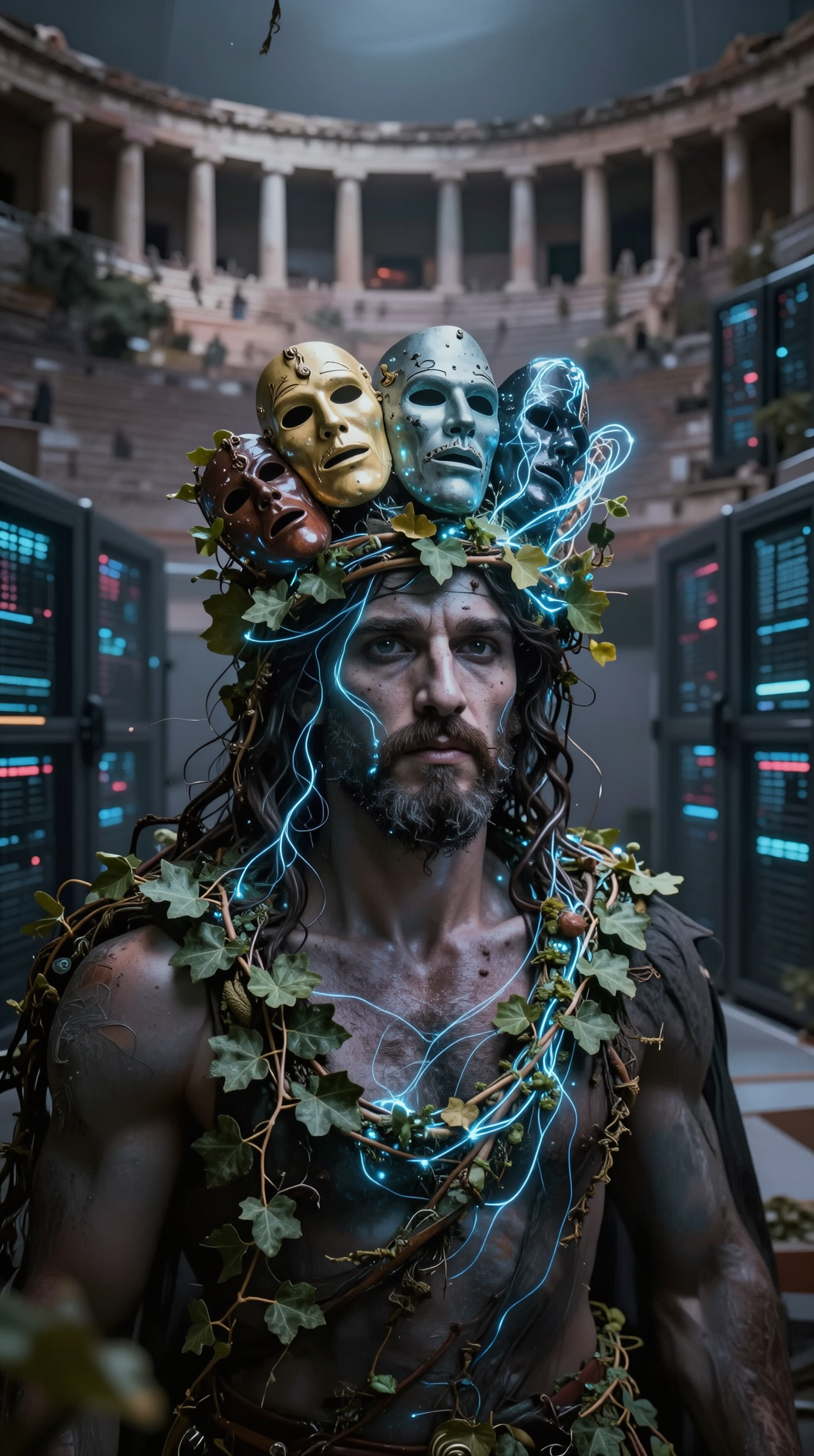 A surrealist portrait of a figure embodying a modern Dionysus, wearing a crown of theater masks and ivy that glows with fiber-optic veins, standing in a liminal space where a Greek amphitheater merges with a futuristic data center.