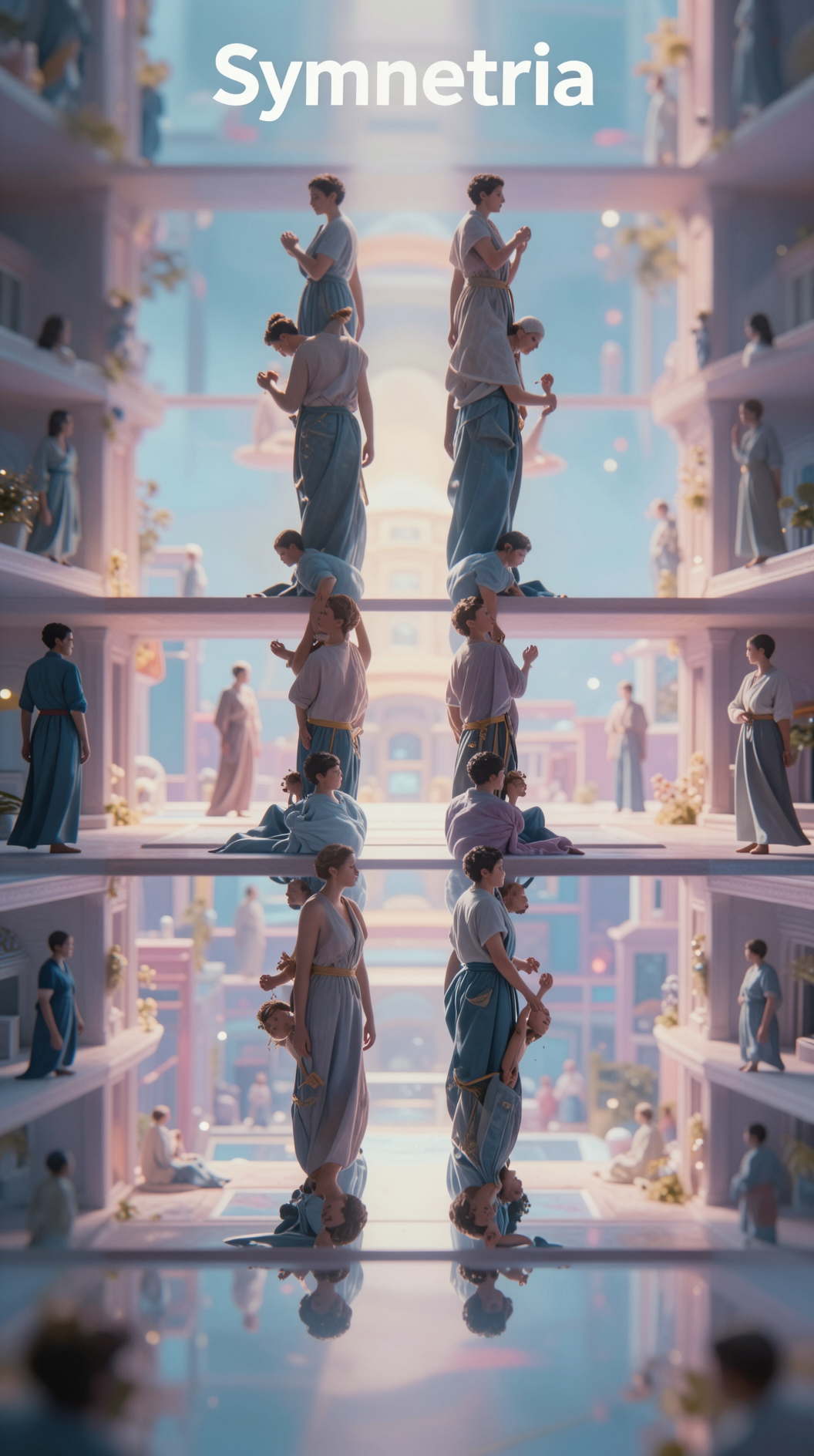 A hyper-realistic depiction of ‘Symmetria’ as a geometric paradise, where human figures are arranged in perfect mirror-image pairs, their clothing and architecture reflecting perfect bilateral symmetry in a soft-focus, pastel-colored dreamscape.