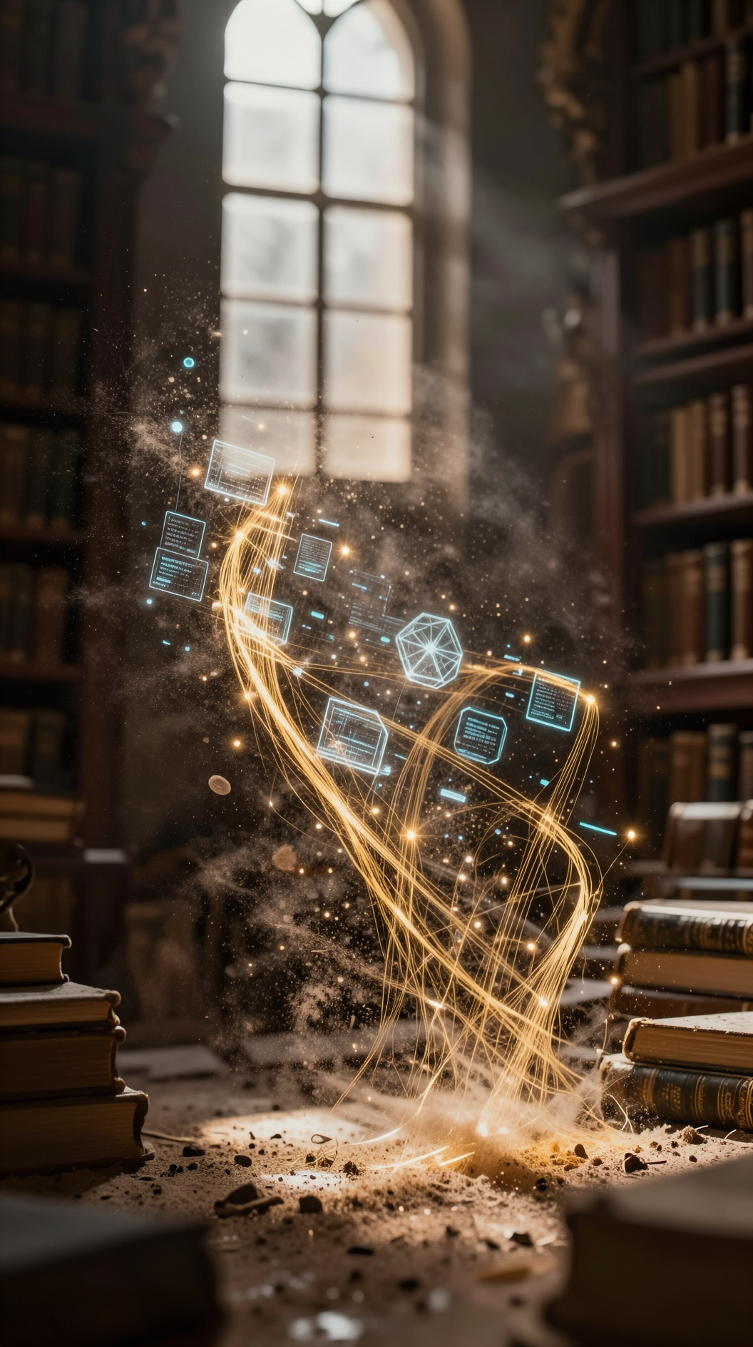 A cinematic close-up of an ancient, dusty library where sunlight pierces through high windows, illuminating millions of floating particles of dust that transform into glowing geometric data points and ethereal golden threads of light.