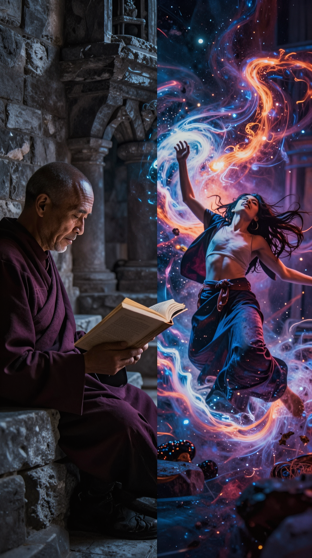 A split-screen composition: on one side, a monk in a grey stone monastery calmly reading a dry text in dim light; on the other side, a figure in ecstatic motion surrounded by swirling nebulas of cosmic energy and vibrant, chaotic colors.