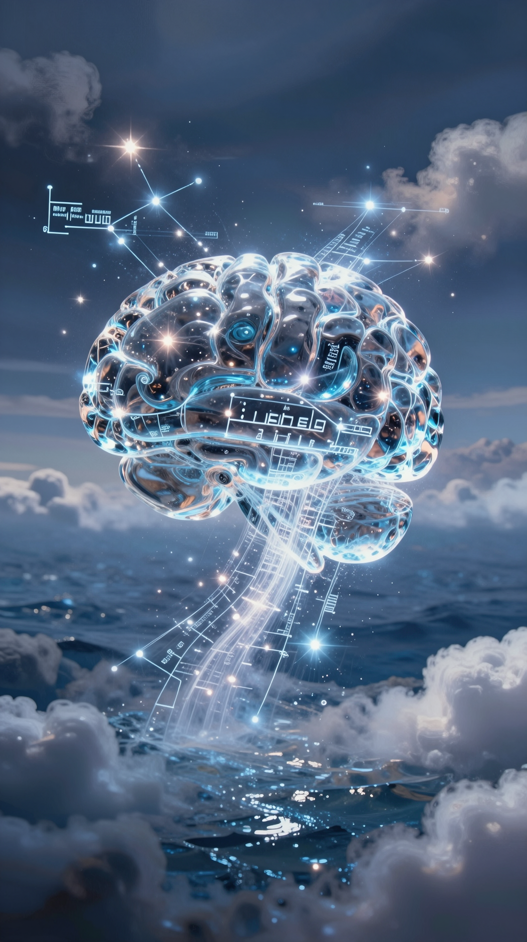 A surrealist painting of a human brain made of translucent glass, where glowing constellations of stars and mathematical equations flow outward from the center, dissolving into a vast, infinite ocean of clouds.