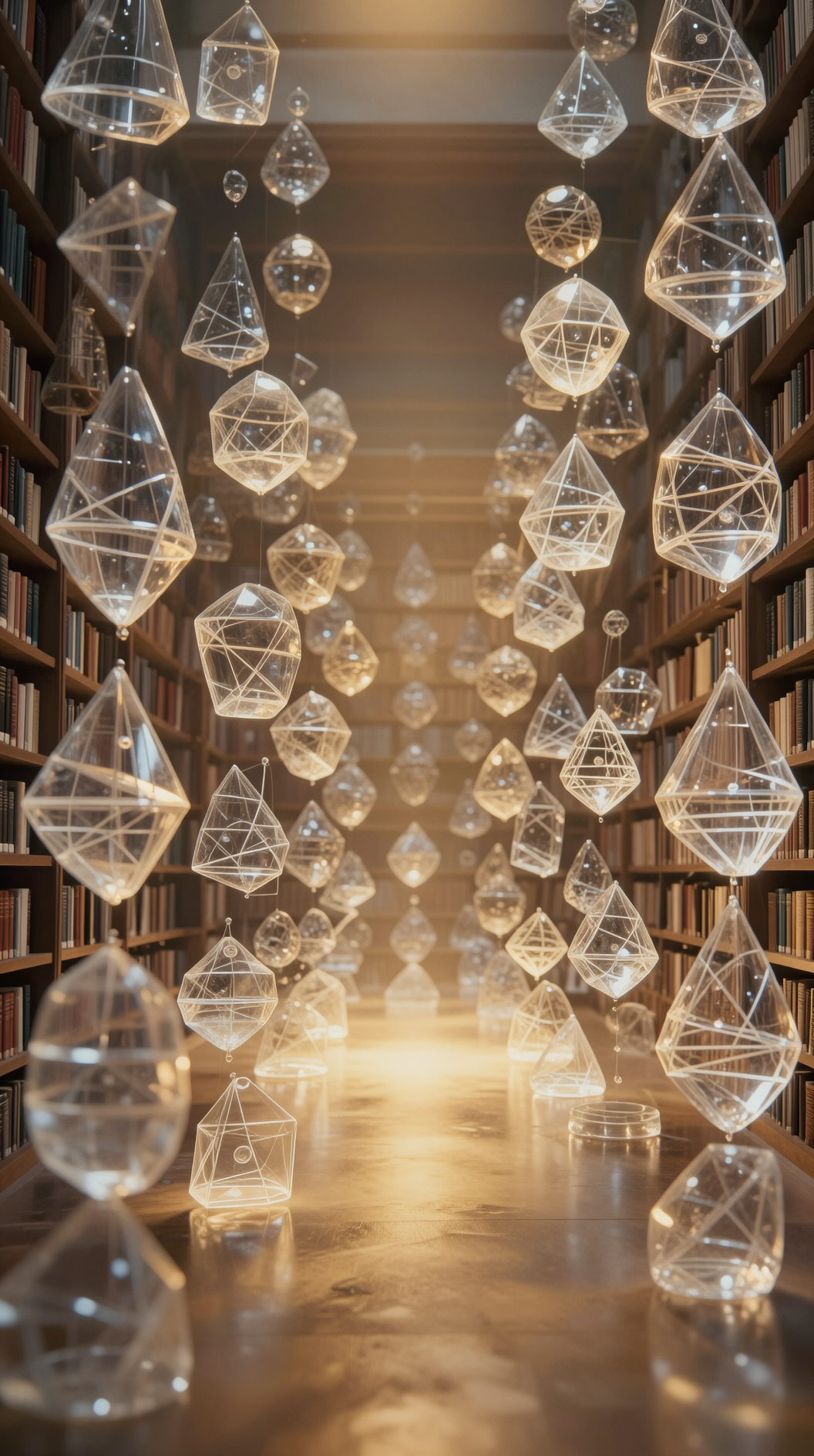 A vast, ethereal library without walls or floors where hundreds of translucent geometric sculptures float in perfect symmetry, each representing a mathematical form, bathed in a soft golden glow that emanates from the center of the space.