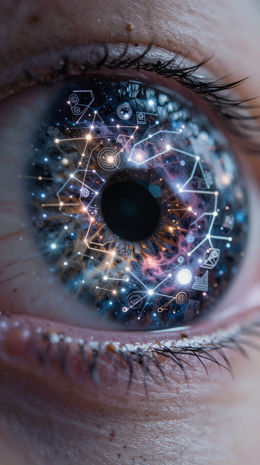 A macro close-up of a human eye where the iris dissolves into a swirling nebula of interconnected constellations and abstract symbols, representing the transition from individual perception to collective universal knowledge.
