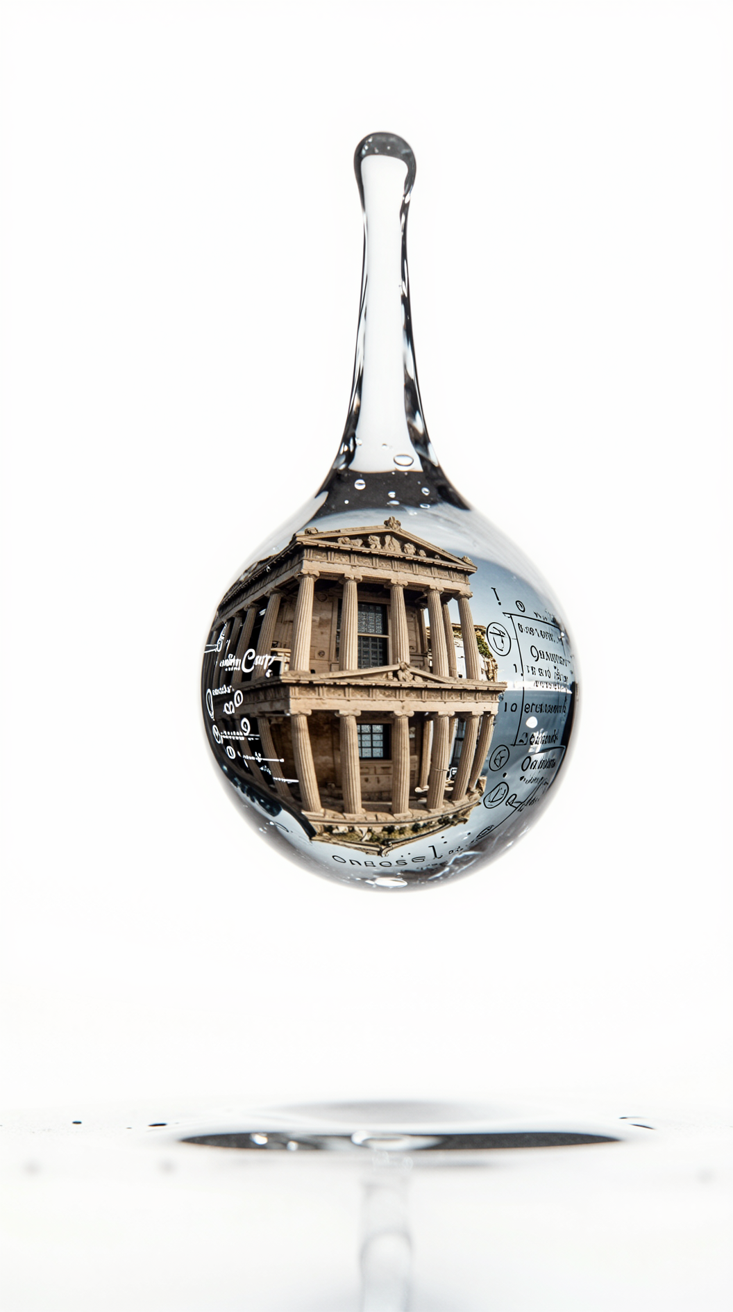 A minimalist, cinematic shot of a single drop of water suspended in mid-air against a stark white background, its surface reflecting an infinite kaleidoscope of classical Greek architecture and mathematical equations, symbolizing the Nous as a timeless concept.