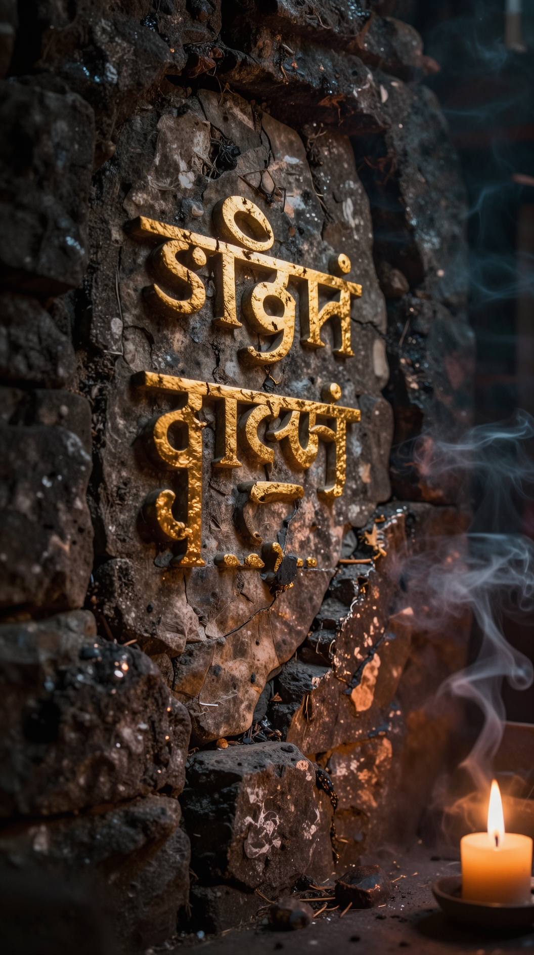 A cinematic close-up of an ancient, crumbling stone wall where golden Sanskrit characters glow faintly from within the cracks, surrounded by incense smoke and flickering candlelight.