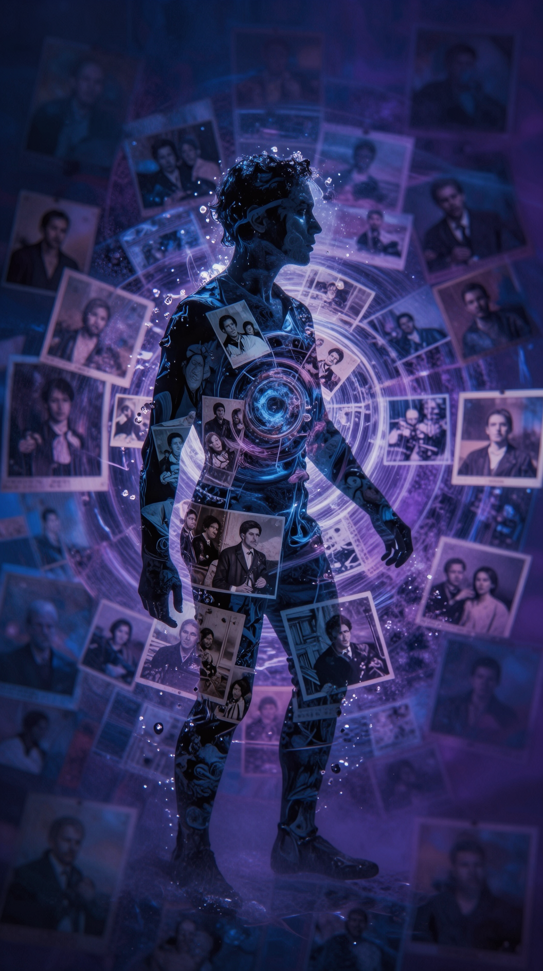 A surrealist double exposure of a human silhouette dissolving into a swirling kaleidoscope of old photographs and hazy memories, suspended in a void of deep indigo and violet.