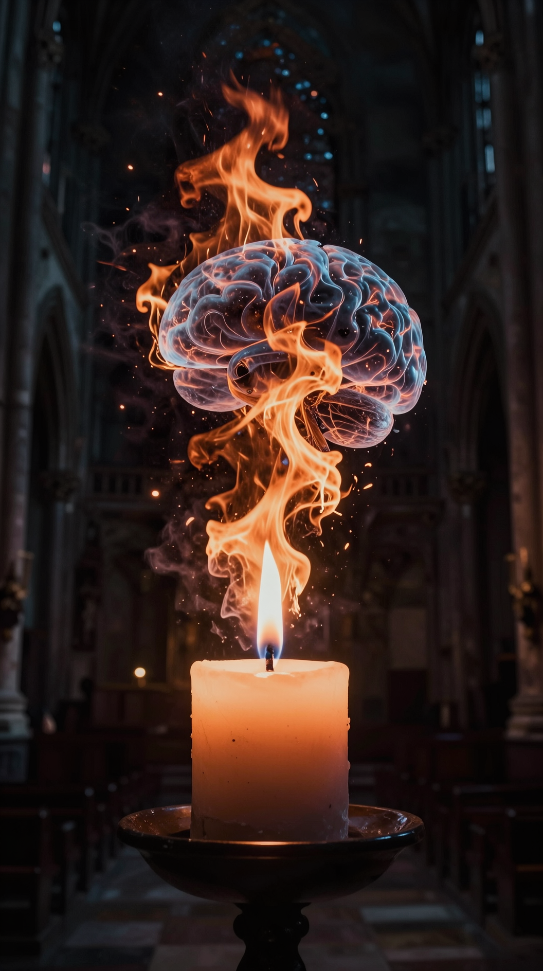 A dramatic, high-contrast shot of a single candle flame burning in a vast, dark cathedral, with the flame transforming into a crackling fire that consumes a floating, translucent human brain.