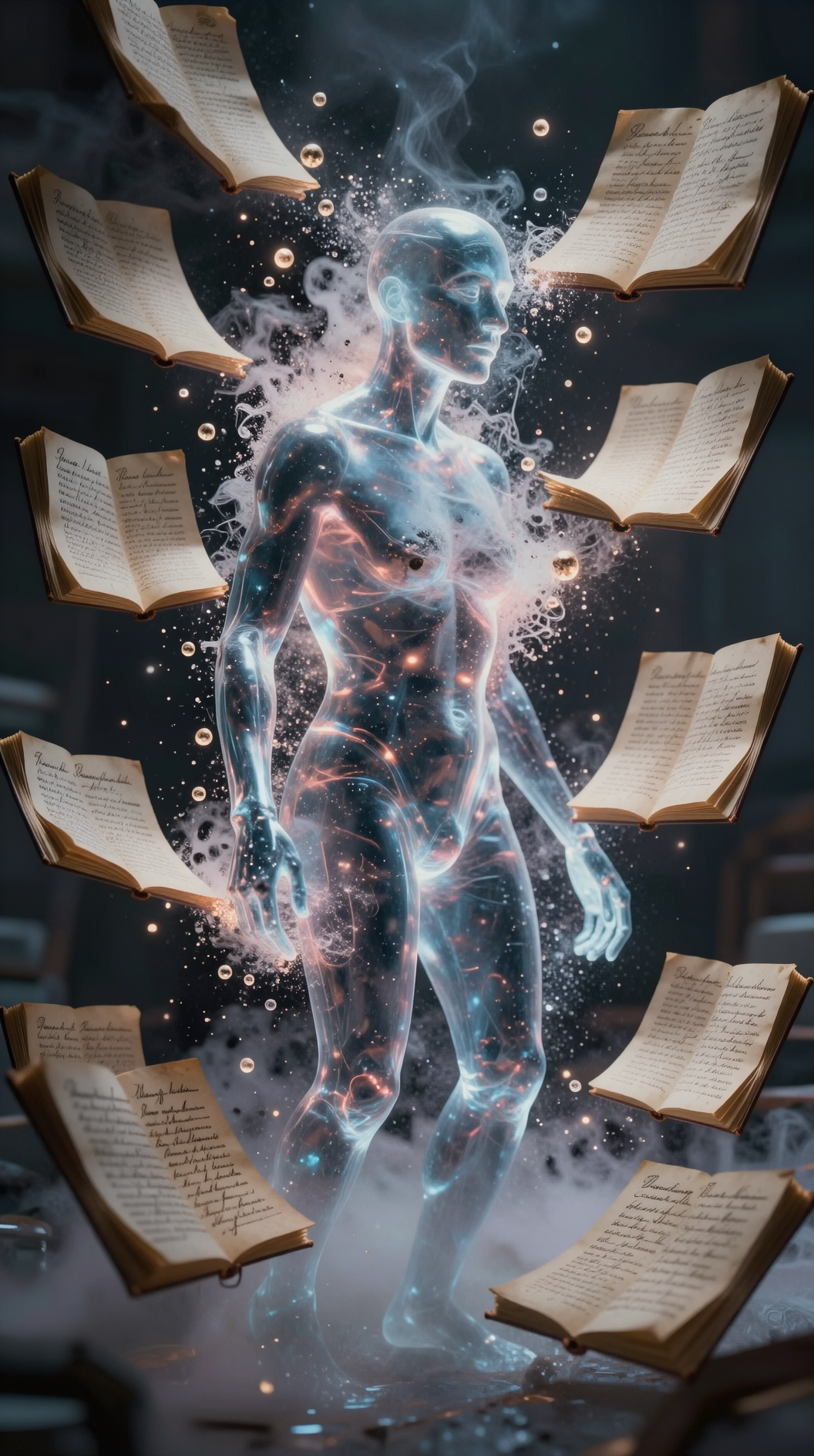 A cinematic, surrealist shot of a translucent human silhouette dissolving into a cloud of glowing particles, each particle transforming into a floating book page containing handwritten memories, ethereal lighting, dreamlike atmosphere, hyper-realistic textures.