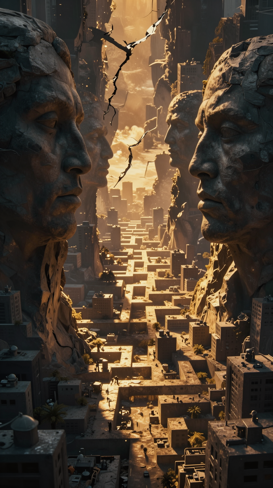 A vast, abstract landscape where towering monuments shaped like human faces cast shadows that form a labyrinthine city, golden light filtering through cracks in the stone, symbolizing the power of collective imagination over the afterlife, 8k resolution, dramatic chiaroscuro.