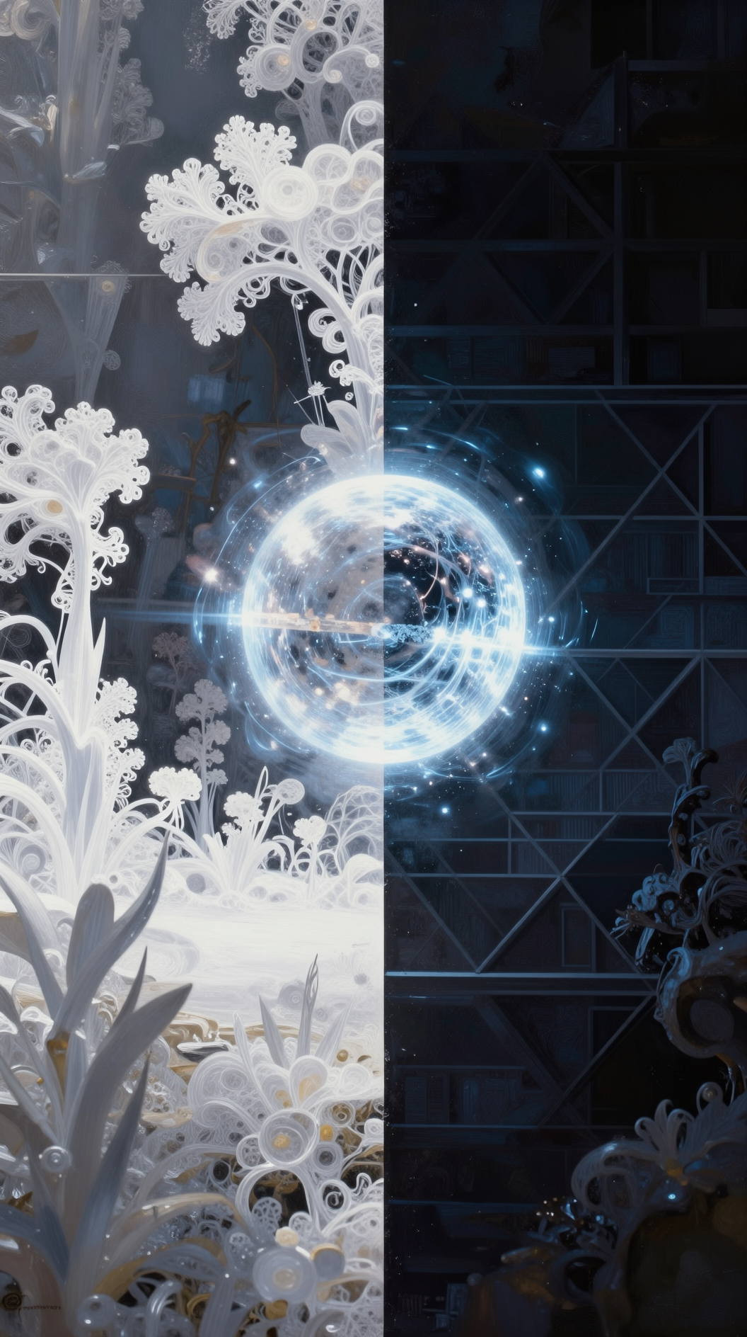 A split-screen composition showing a celestial garden of pure white light on one side and a geometric, dark void of negative qualia on the other, a glowing orb of energy hovering in the center trying to navigate between the two realms, intricate fractal details, oil painting style.