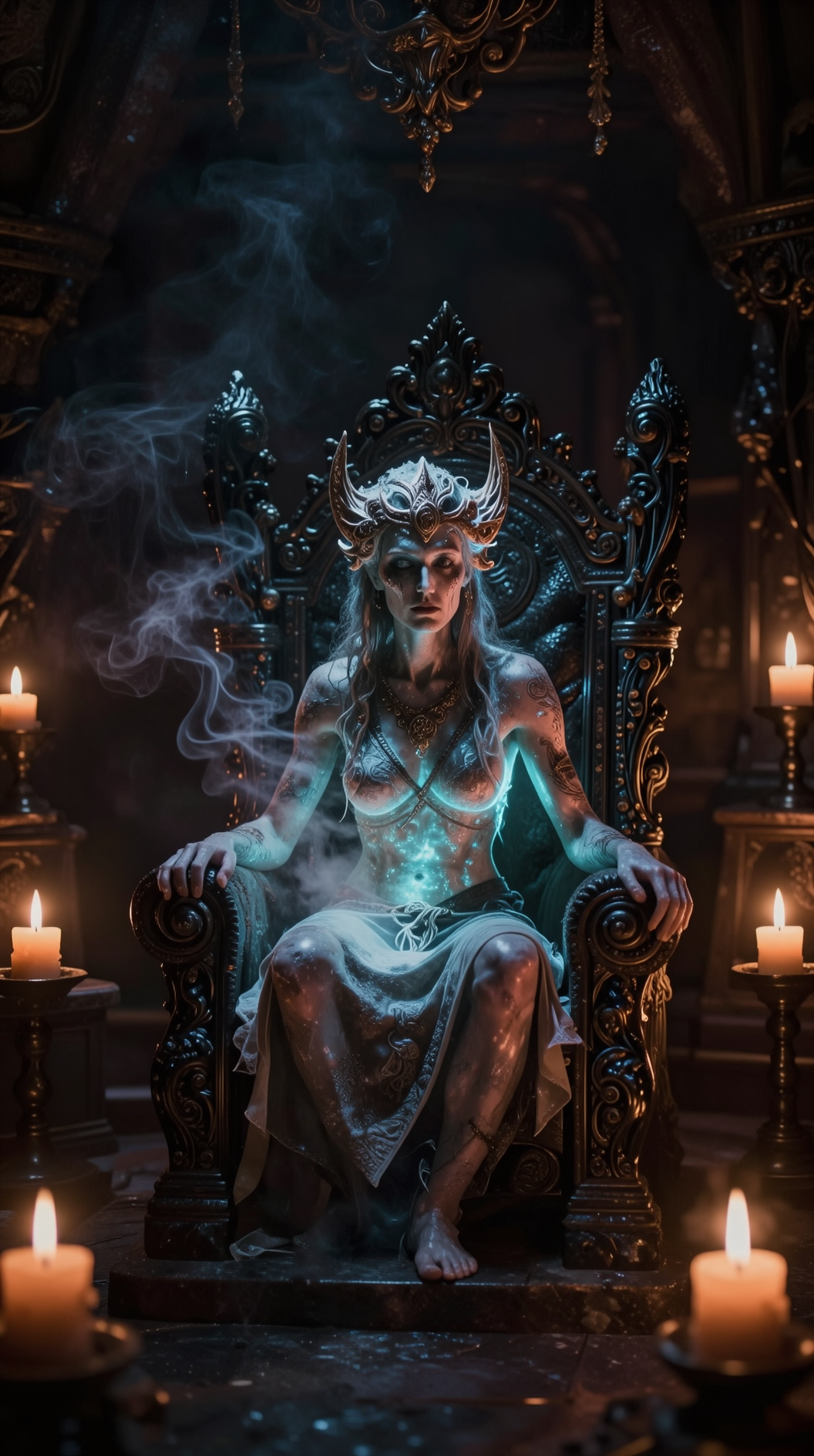 A cinematic, dimly lit underground ritual chamber with flickering candlelight and incense smoke, where a solitary figure sits on an ornate obsidian throne, a faint ethereal glow emanating from their skin as if possessed by an ancient deity.