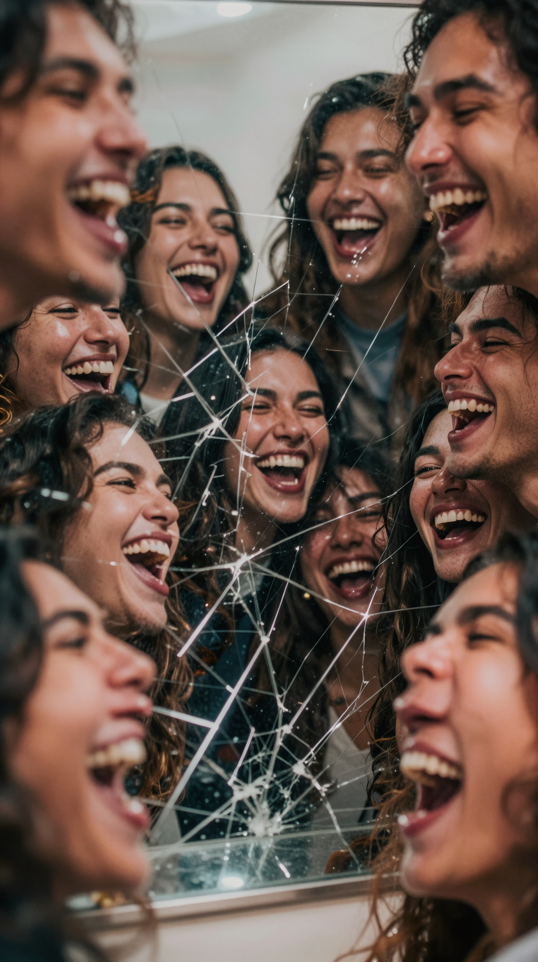 A fractured mirror reflecting multiple faces, each laughing at the other in a distorted kaleidoscope of expressions, representing a digital social circle of self-mockery and performative irony.