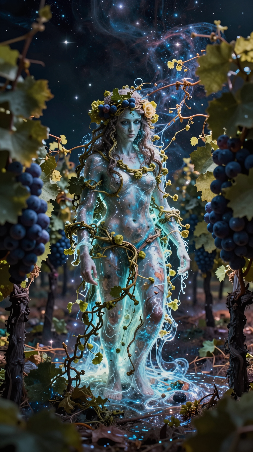 A surreal fusion of Dionysian grapevines and celestial celestial energy, where a figure stands in a vineyard of stars, their form dissolving into liquid light and vines, embodying the synthesis of earthly revelry and divine possession.