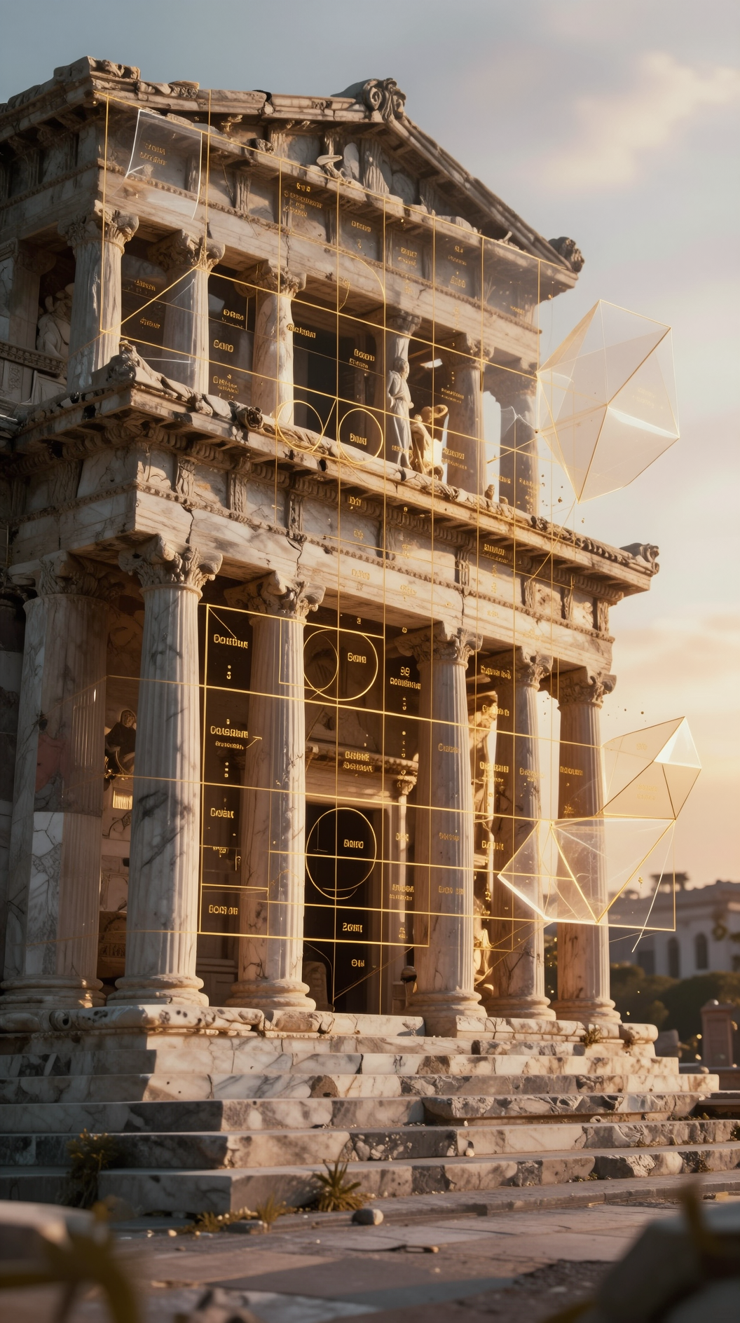 A hyper-realistic, cinematic wide shot of an ancient marble temple dissolving into a mathematical grid of golden ratios, with translucent geometric shapes floating in the air, golden hour lighting, 8k resolution.