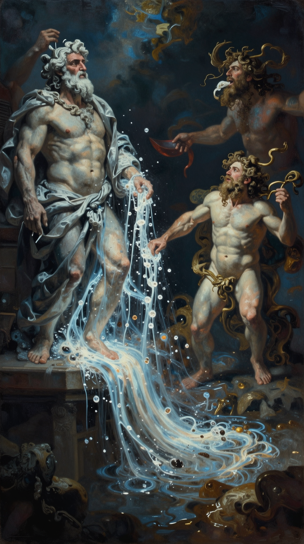 A surrealist painting depicting a celestial hierarchy where Greek gods dissolve into streams of liquid light, transitioning from a stern Zeus figure to a wild Dionysian figure, oil on canvas style, dramatic chiaroscuro.