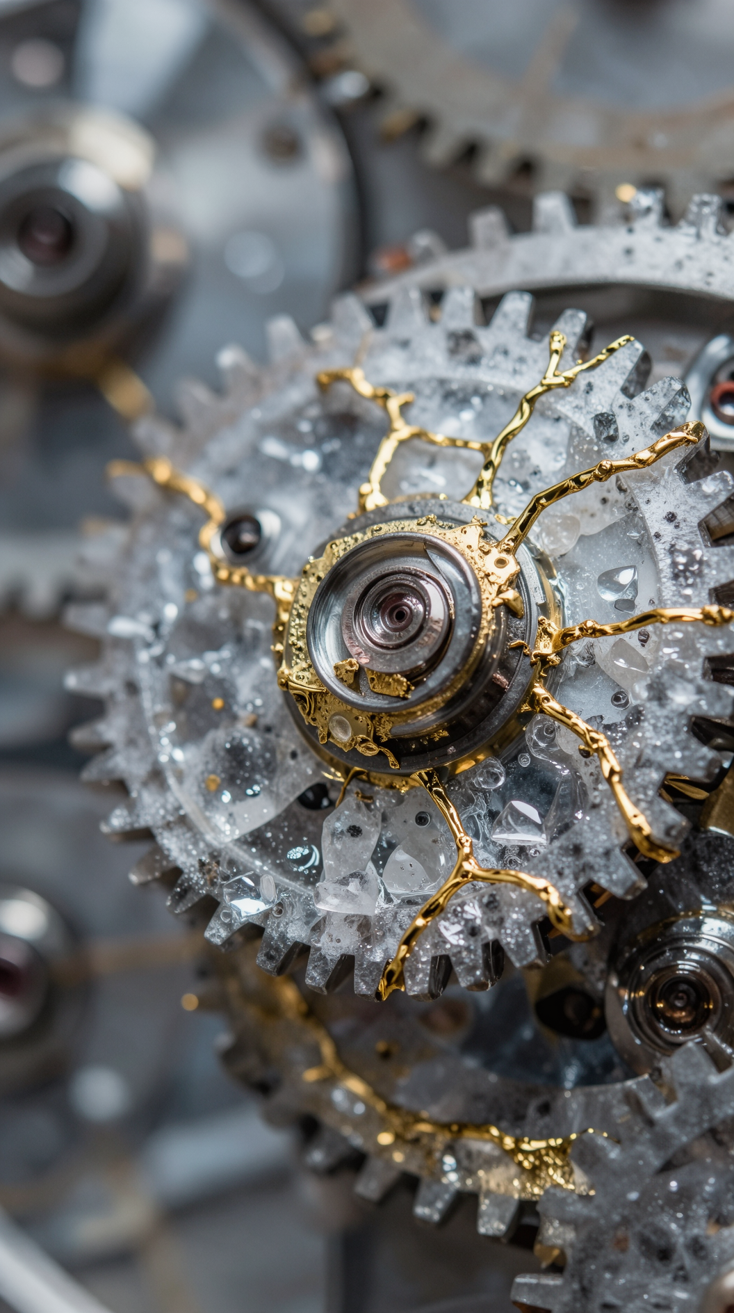 A macro close-up of a clockwork mechanism where gears made of crystallized water and veins of gold interlock perfectly, symbolizing a system of non-interference, soft bokeh background, photorealistic, intricate textures.