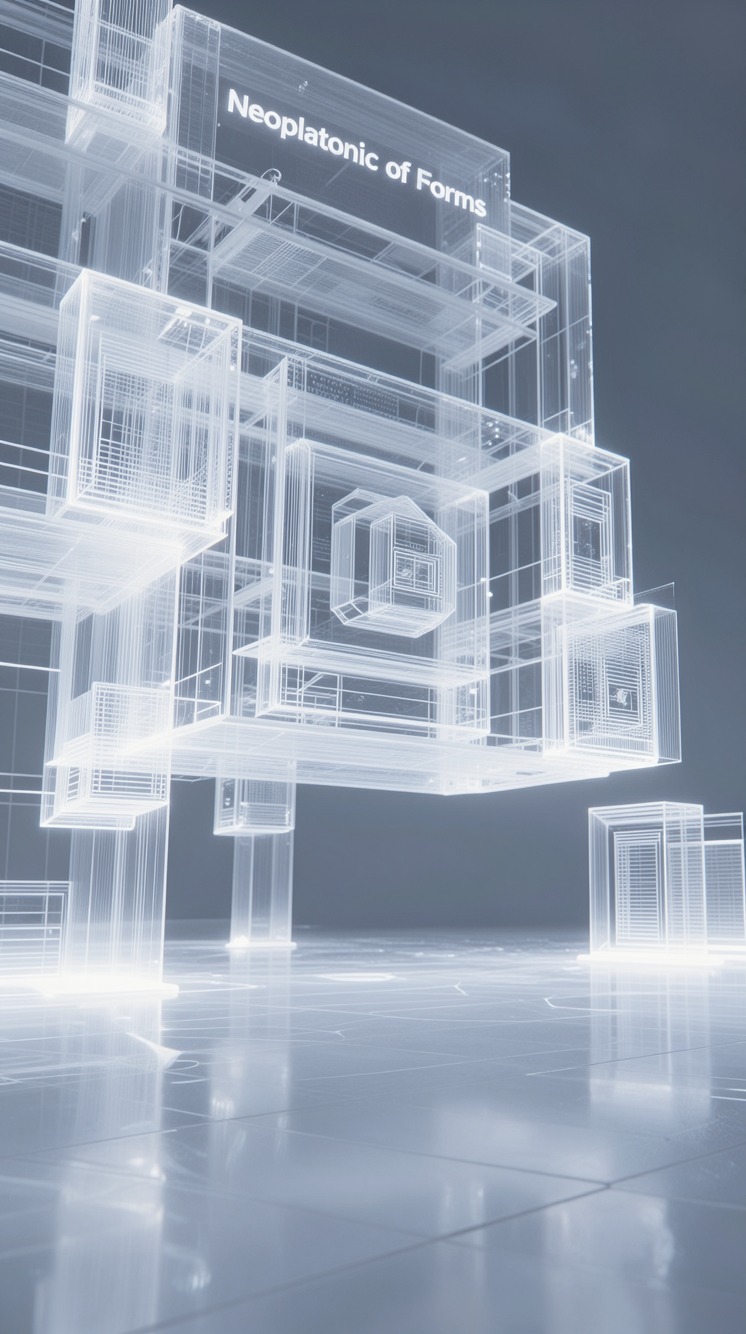 A cinematic wide shot of a vast, translucent architectural structure made of pure white light, representing the Neoplatonic Realm of Forms, where geometric patterns float in perfect stillness, hyper-realistic, ethereal atmosphere, 8k resolution.