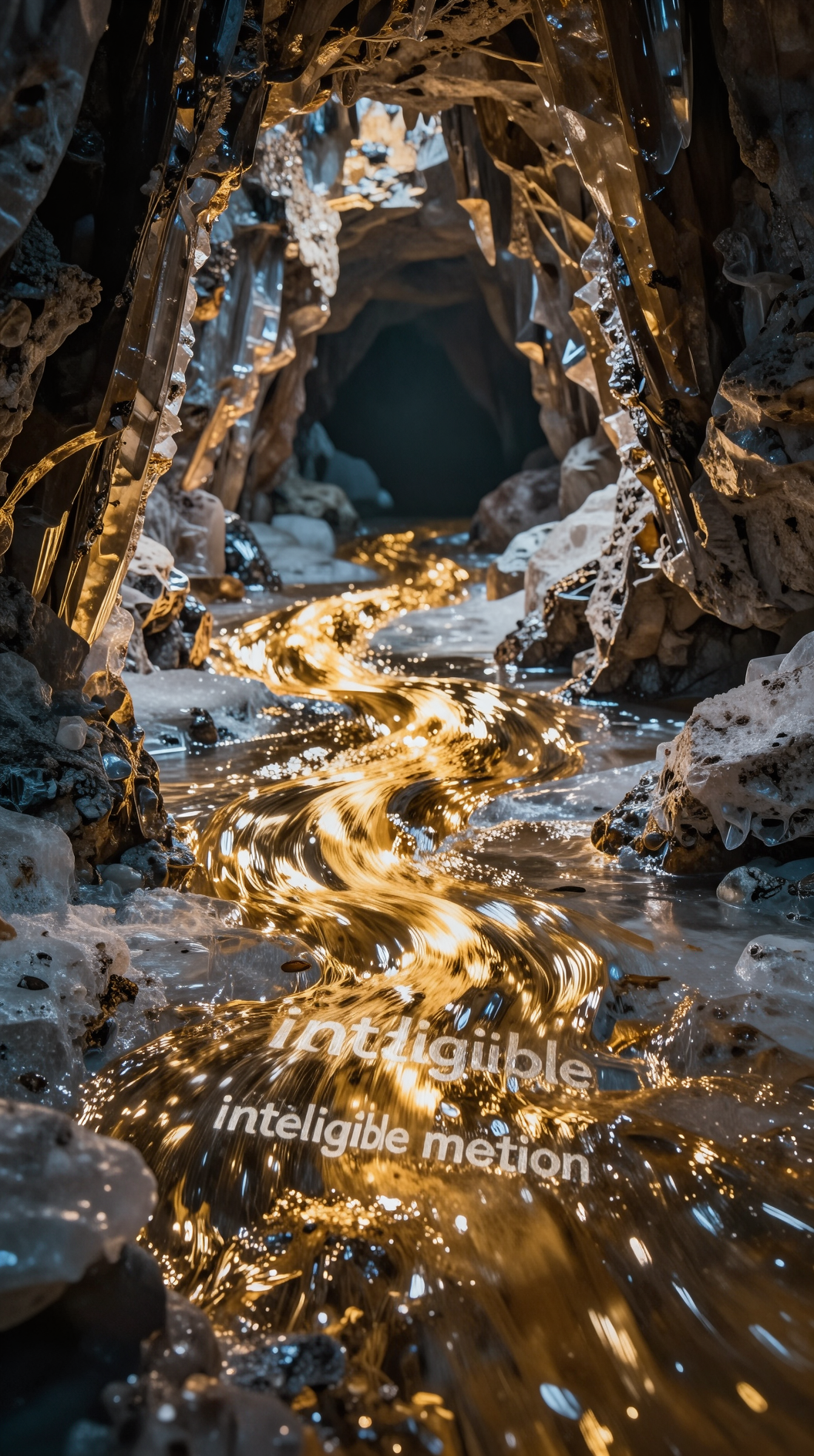 A conceptual time-lapse of a liquid gold river flowing through a crystallized cavern, symbolizing ‘intelligible motion’ where time moves through a frozen, perfect space, dramatic chiaroscuro lighting, intricate textures, photorealistic.