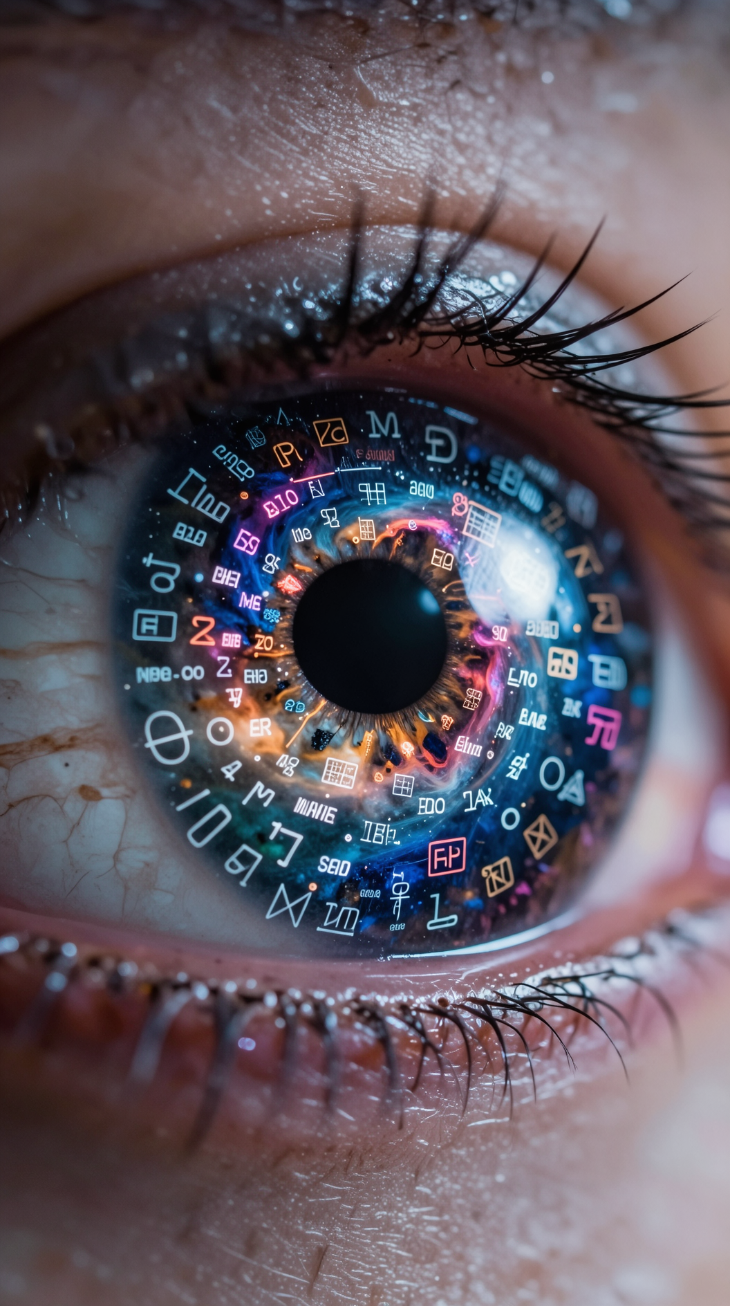 A surreal close-up of a human eye where the iris is a swirling galaxy of mathematical equations and abstract symbols, merging the concept of subjective experience with the objective intelligible realm, dreamlike aesthetic, vivid colors, depth of field.
