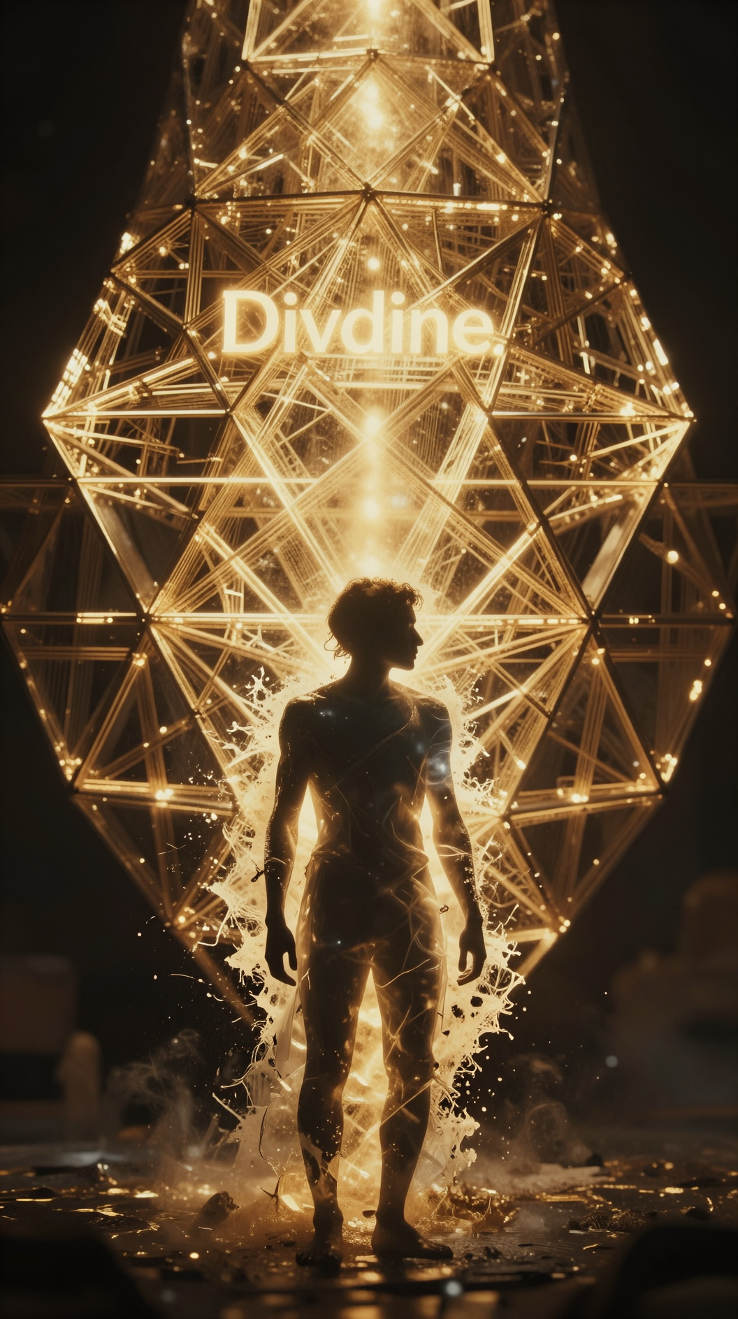 A cinematic, ethereal wide shot of a human silhouette standing before a colossal, radiant geometric lattice of golden light. The figure is partially translucent, their edges beginning to fray and dissolve into the brilliance of the “Divine Source.” Neoplatonic aesthetic, high contrast, volumetric lighting, 8k resolution, surreal atmosphere.