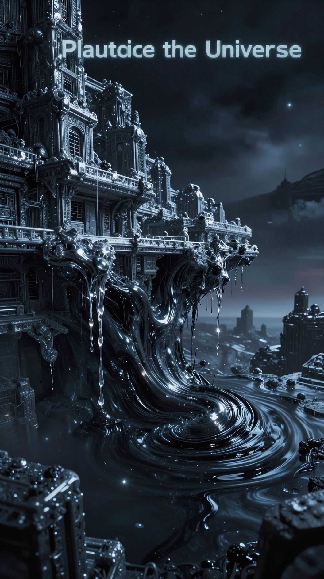 A surrealist, cosmic landscape depicting a “plane outside the universe.” The architecture is fractal and non-Euclidean, composed of shimmering obsidian and weeping starlight. A ripple of dark, oily energy distorts the fabric of the space, suggesting a profound “horror” bleeding from a higher dimension into a lower one. Moody, dark fantasy style, hyper-detailed.