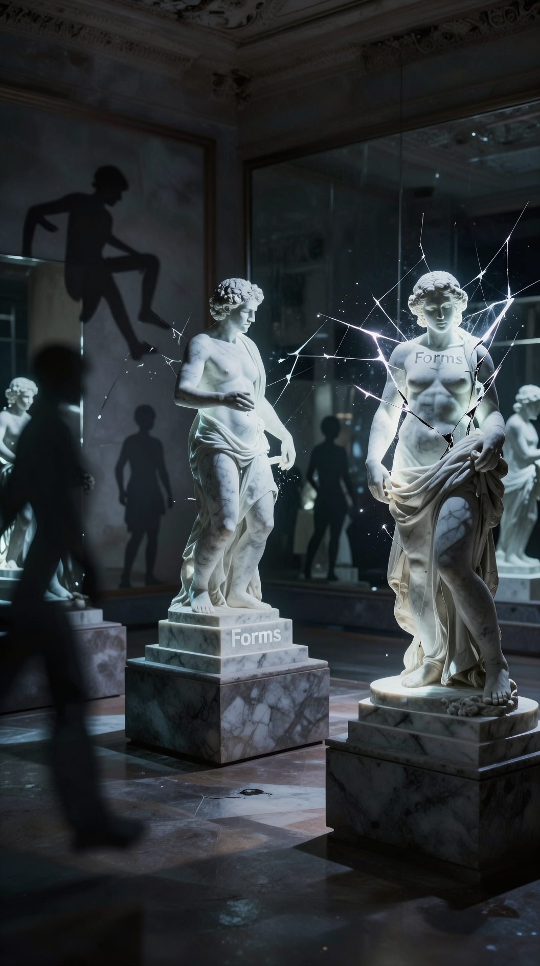 A haunting hall of mirrors where glowing, perfect marble sculptures of “Forms” stand on pedestals. Flickering, flat grey shadows of humans move along the walls, mimicking the poses of the statues. As the shadows attempt to imitate the perfection, they crack and splinter into jagged shapes. Moody chiaroscuro lighting, dramatic shadows, photorealistic texture.