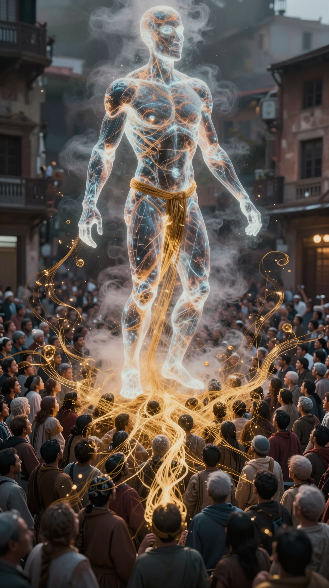 A cinematic wide shot of a vast crowd of people in ancient robes, their translucent thoughts flowing upward from their heads like golden threads, weaving together to form a colossal, ethereal humanoid figure made of pure light and vapor rising above the city.