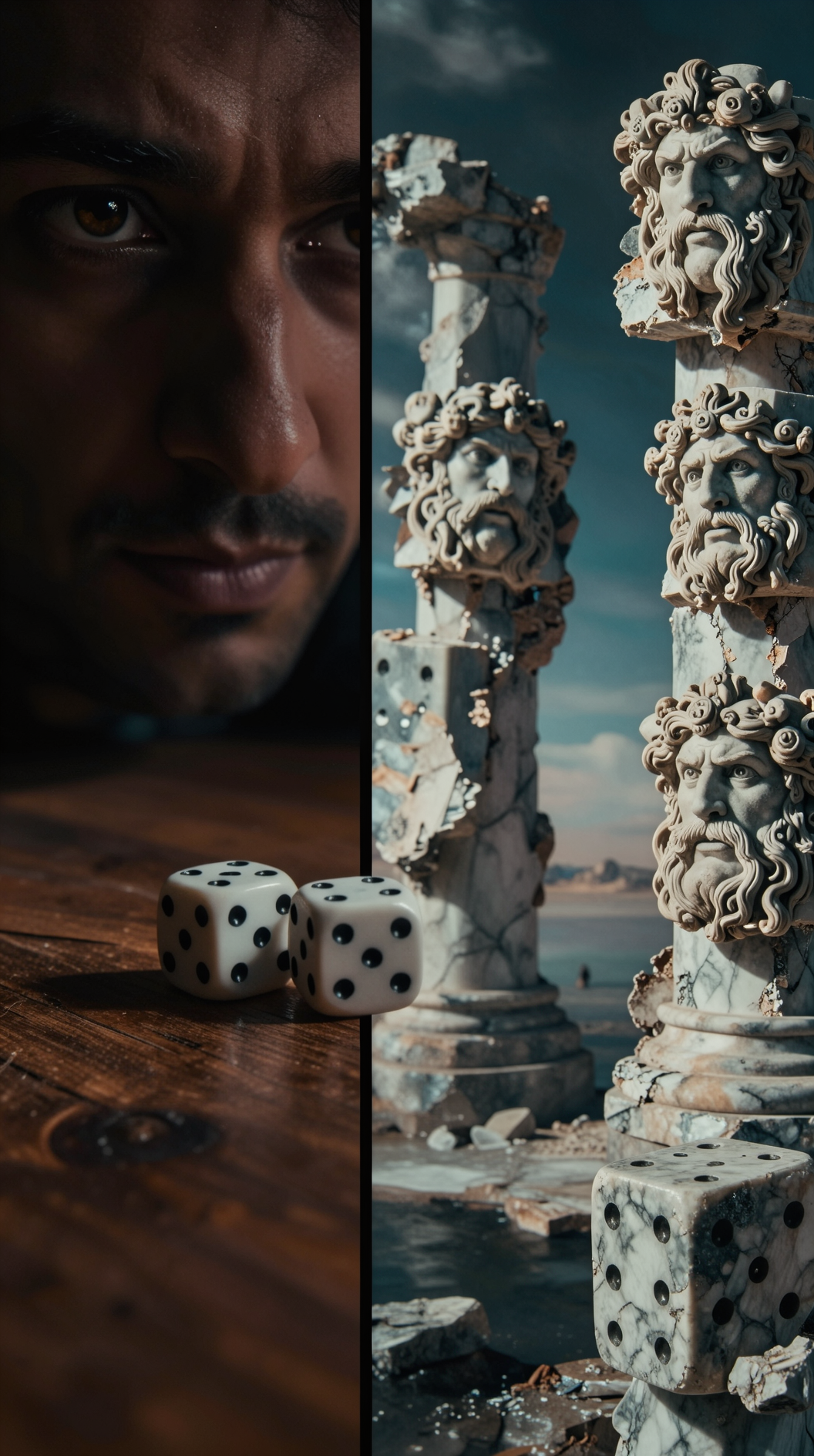 A split-screen composition: on the left, a close-up of a person’s face in shadow, eyes fixed on a pair of dice rolling across a wooden table; on the right, a surreal dreamscape where the dice transform into crumbling marble pillars, each bearing different faces of a stern Dionysus.