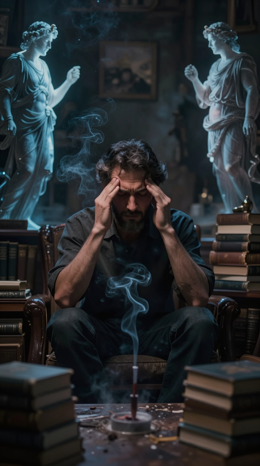 A hyper-realistic, moody interior shot of a solitary figure sitting in a dimly lit study, surrounded by stacks of books and incense smoke, their hands pressed to their temples as if listening to an internal whisper, while ghostly silhouettes of Greek gods flicker in the periphery of the room.
