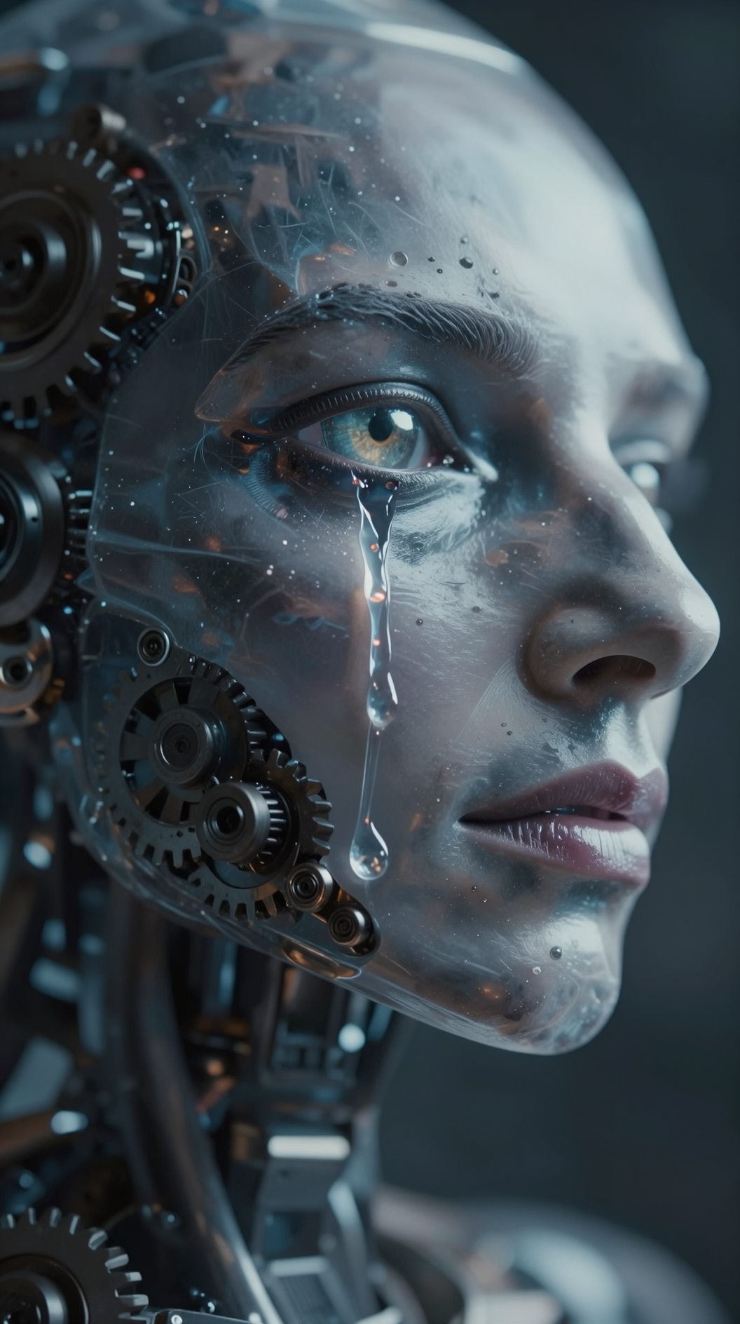 A hyper-realistic close-up of a humanoid android’s face, half-mechanical gears visible beneath translucent synthetic skin, with a single human-like tear tracking down its cheek, cinematic lighting, moody atmosphere.