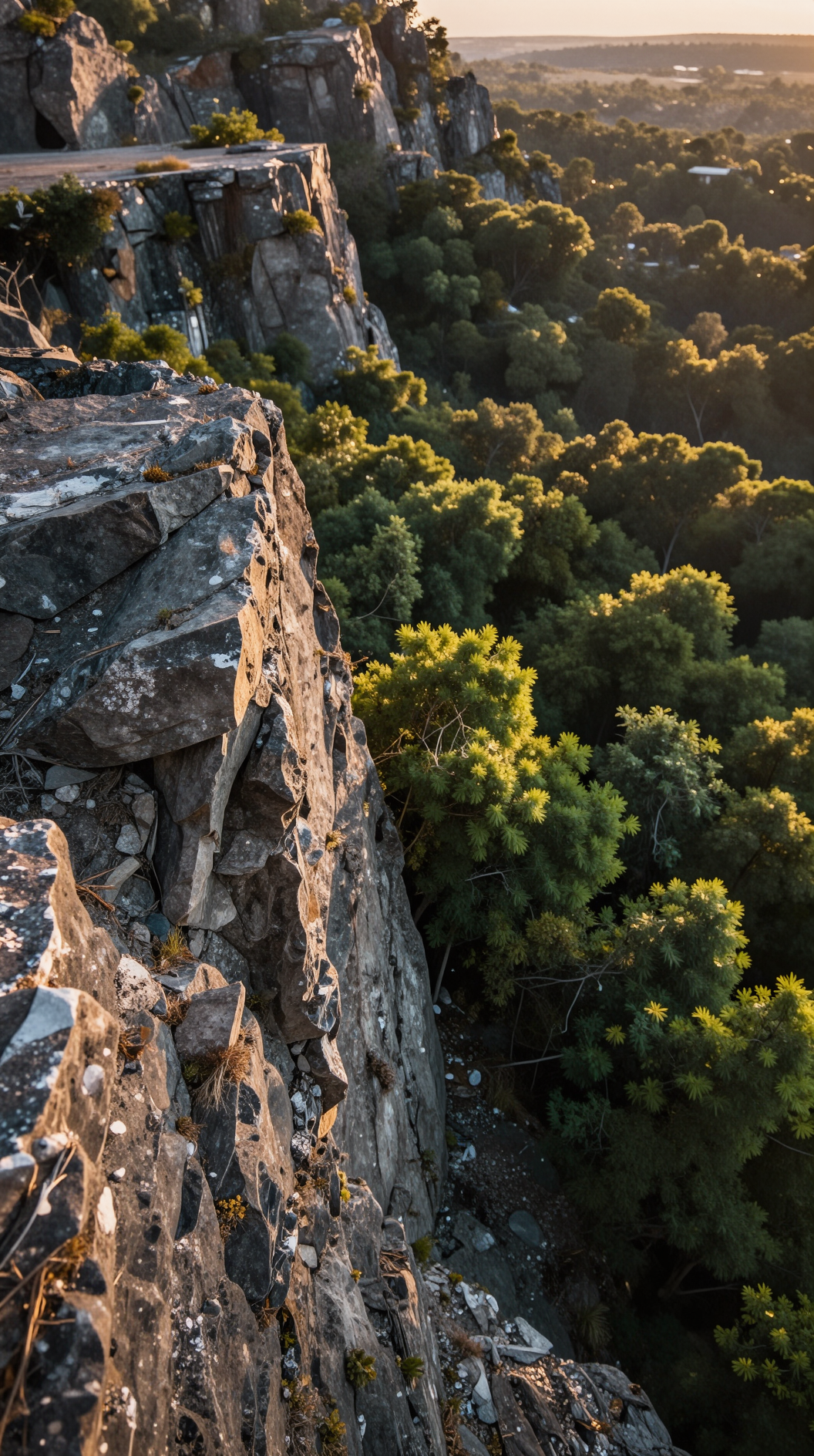 A vast, desolate landscape where a jagged rock formation sits beside a lush green forest, a visual contrast between the inert mineral and the vibrant organic life, captured in a wide-angle shot with soft golden hour light.