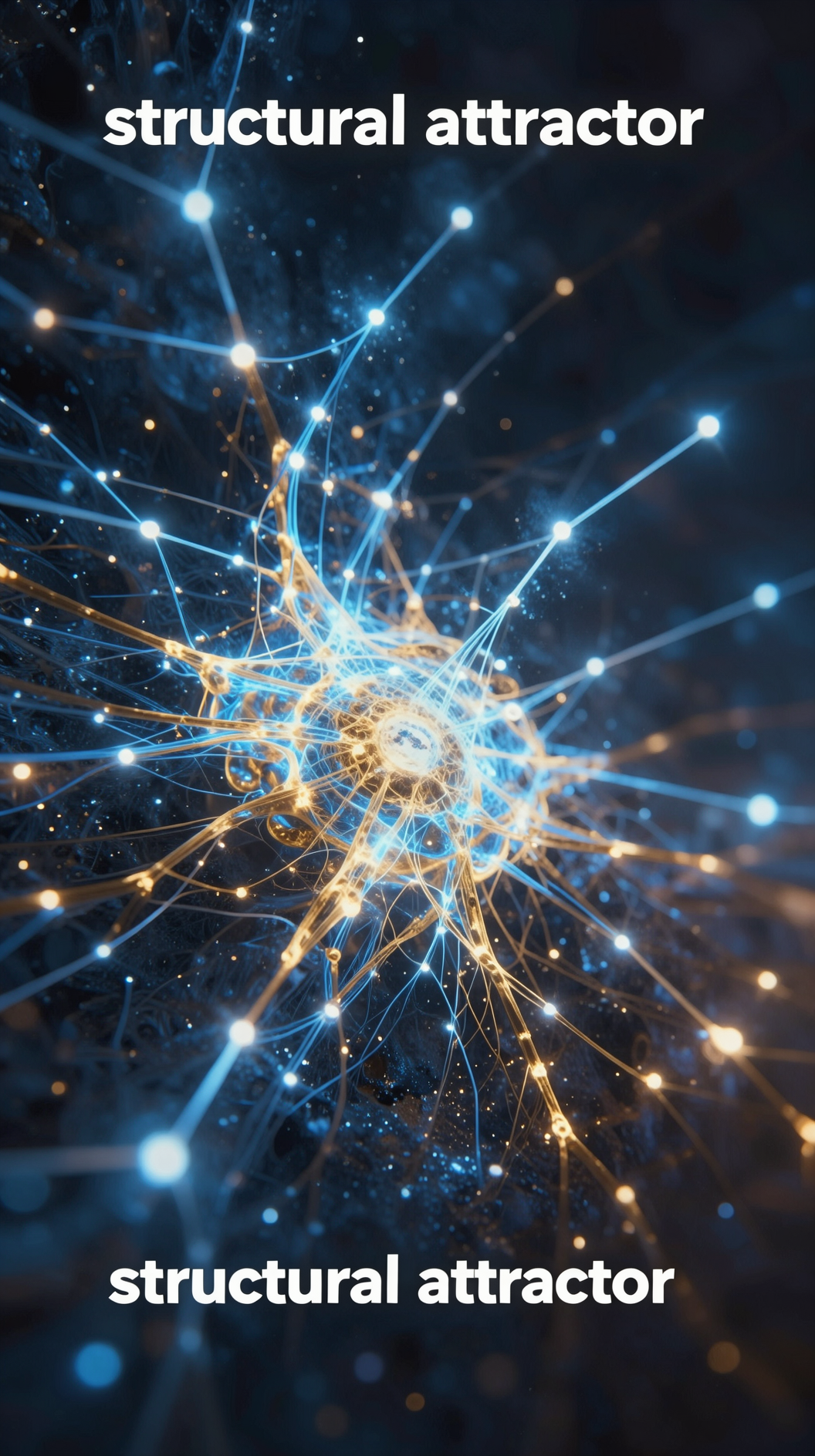 An abstract, cosmic visualization of neural pathways transforming into glowing constellations, representing the “structural attractor” of consciousness, vibrant blues and golds, ethereal depth of field, 8k resolution.
